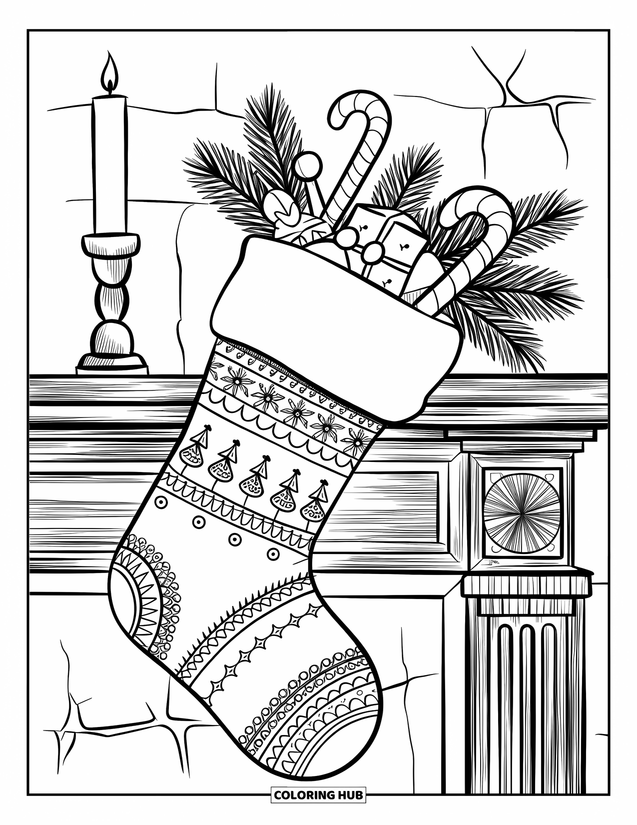 Kerst Kleurplaat voor Volwassenen: Een traditionele kerstsok met ingewikkelde details, gevuld met feestelijke vakantieverrassingen