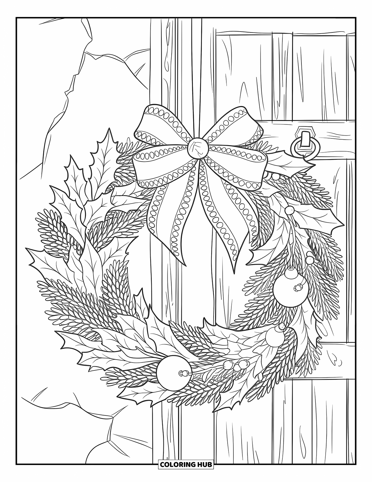 Kerst Kleurplaat voor Volwassenen: Een traditionele kerstkrans met gedetailleerd groen, dennenappels en een feestelijke strik