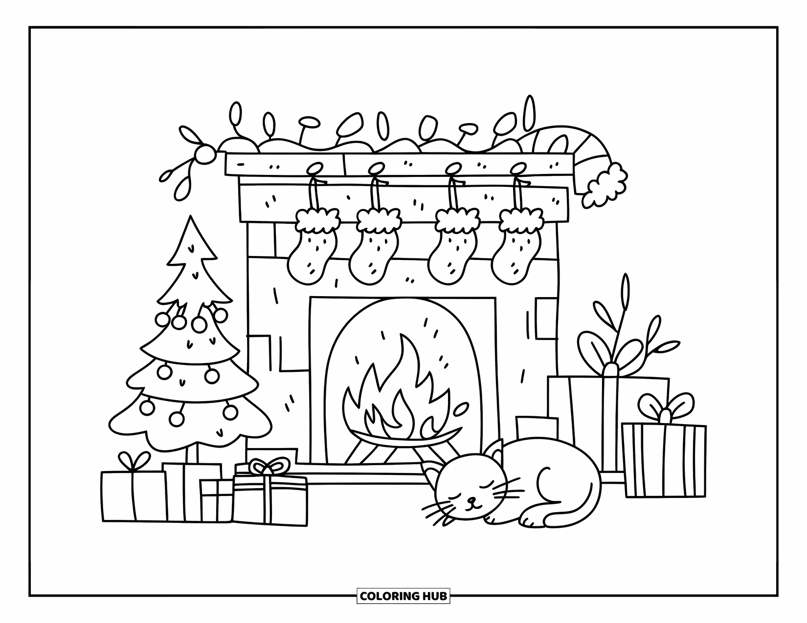 Kerst Kleurplaat voor Volwassenen: Een warme open haard met kousen, een versierde boom en een klein cadeautje naast een slapend kitten