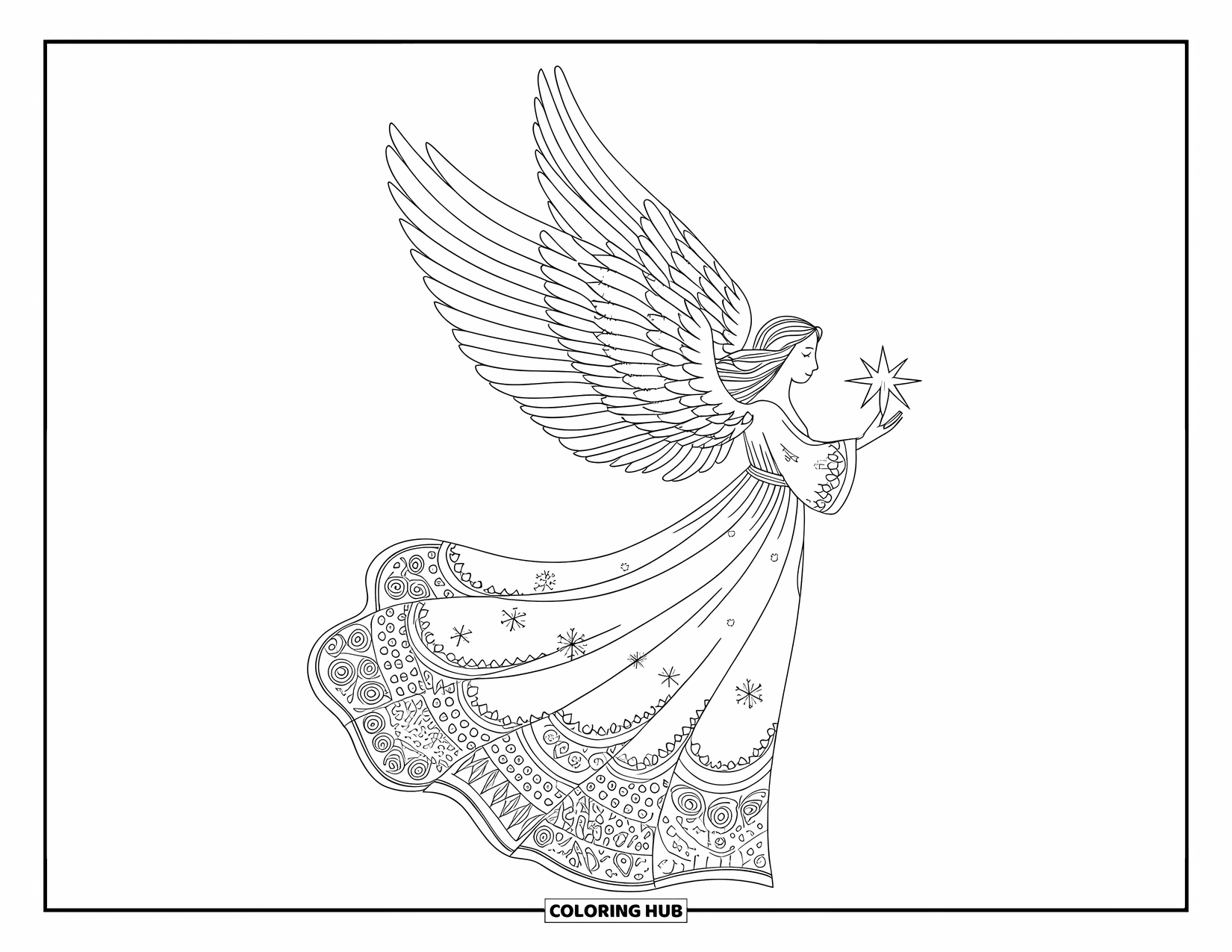 Kerst Kleurplaat voor Volwassenen: Een elegante engel met delicate patronen op haar gewaad houdt een stralende ster vast in een serene scène
