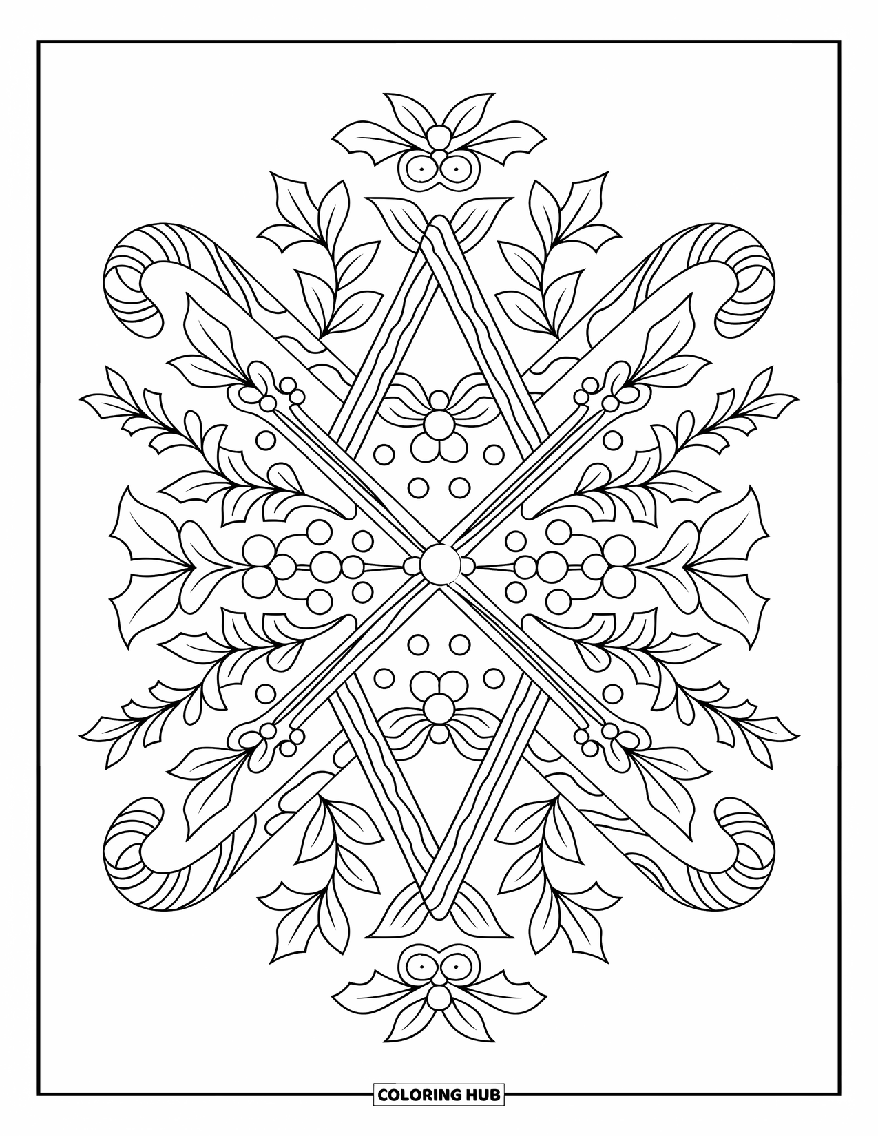 Kerst Kleurplaat voor Volwassenen: Een ingewikkeld zuurstok- en hulstpatroon dat een prachtig gedetailleerd feestelijk arrangement vormt