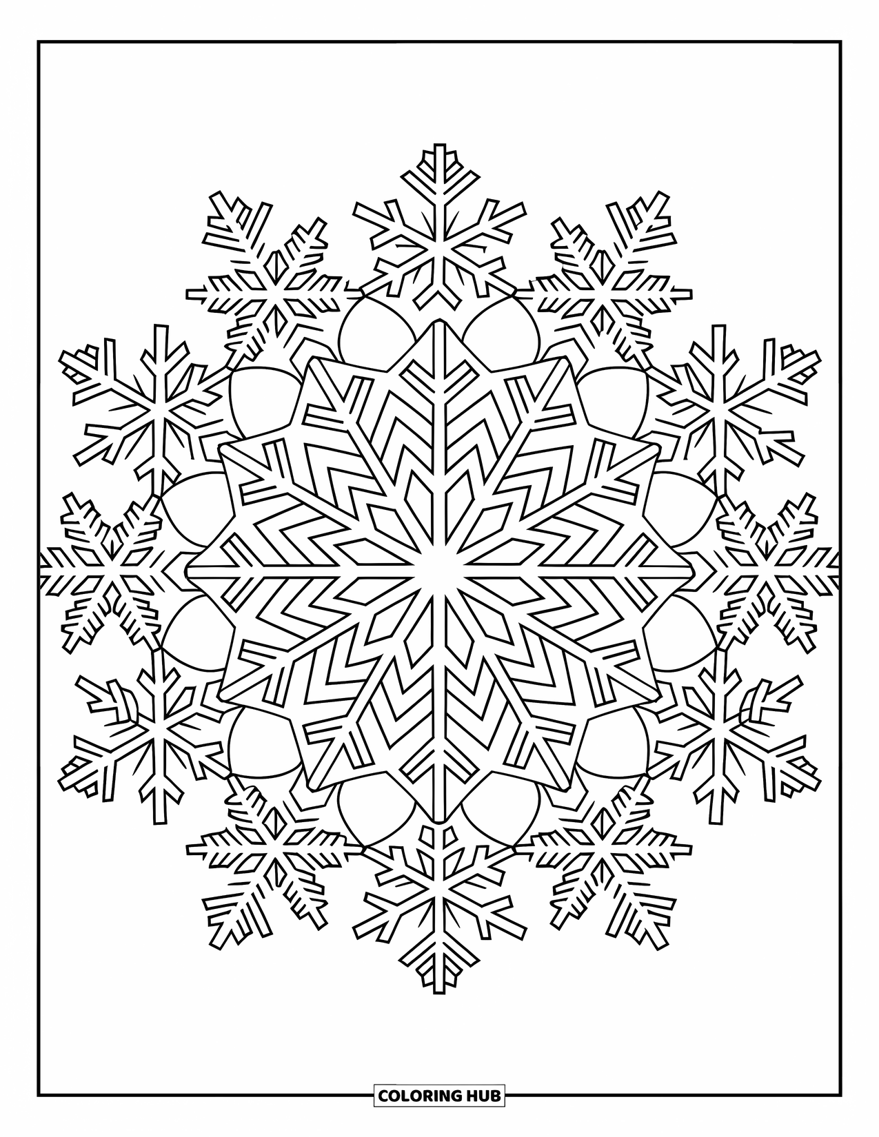 Kerst Kleurplaat voor Volwassenen: Een ingewikkelde sneeuwvlok mandala met gedetailleerde, symmetrische patronen in een betoverend ontwerp