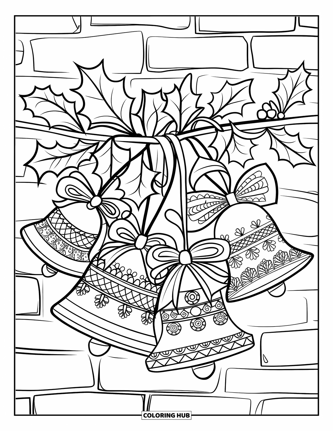 Kerst Kleurplaat voor Volwassenen: Uitgebreide kerstbellen hangen aan een tak, bedekt met ingewikkelde feestelijke patronen
