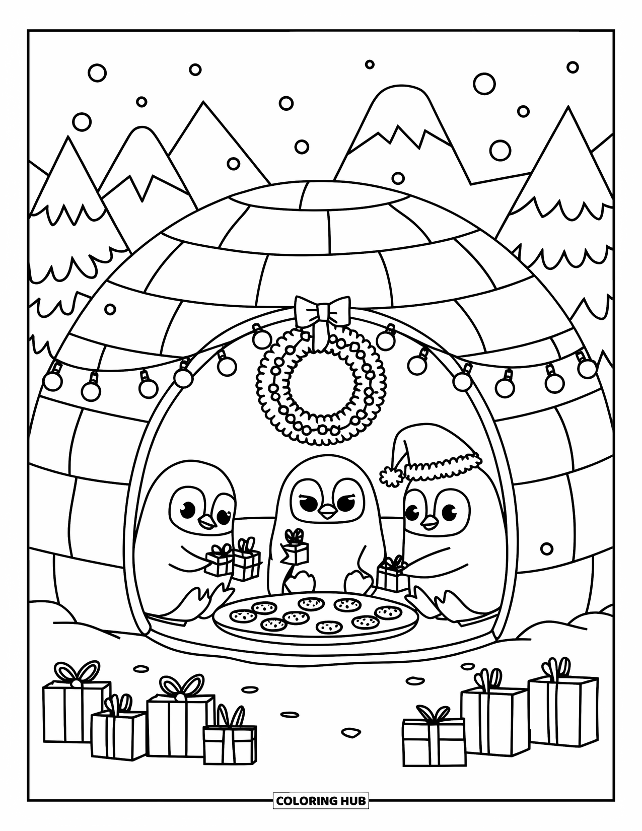 Kerst Kleurplaat voor Volwassenen: Pinguïns genieten van koekjes en cadeaus in een warm versierde iglo in een besneeuwd landschap