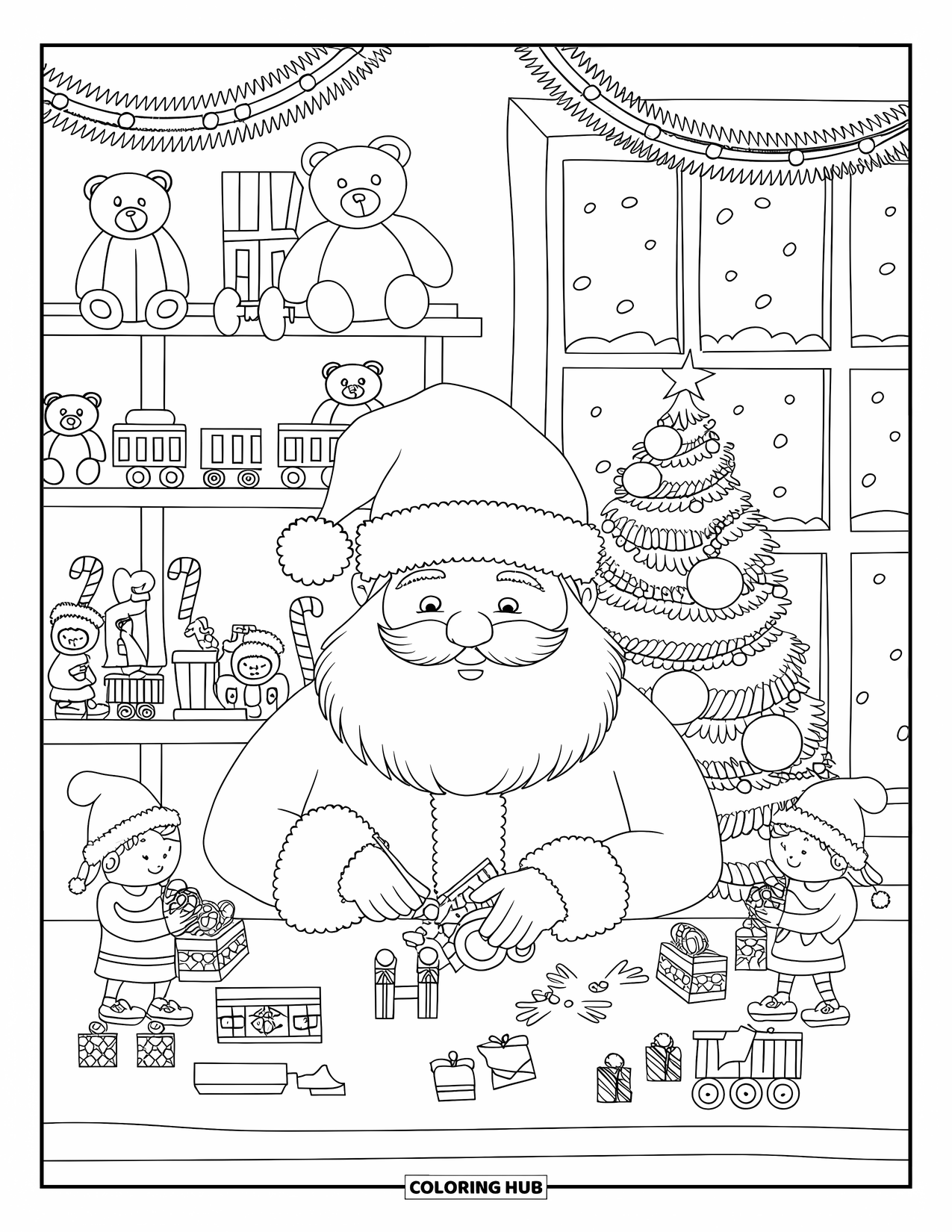Kerst Kleurplaat voor Volwassenen: De kerstman en kleine elfjes werken in een gezellige werkplaats vol teddyberen en treinen