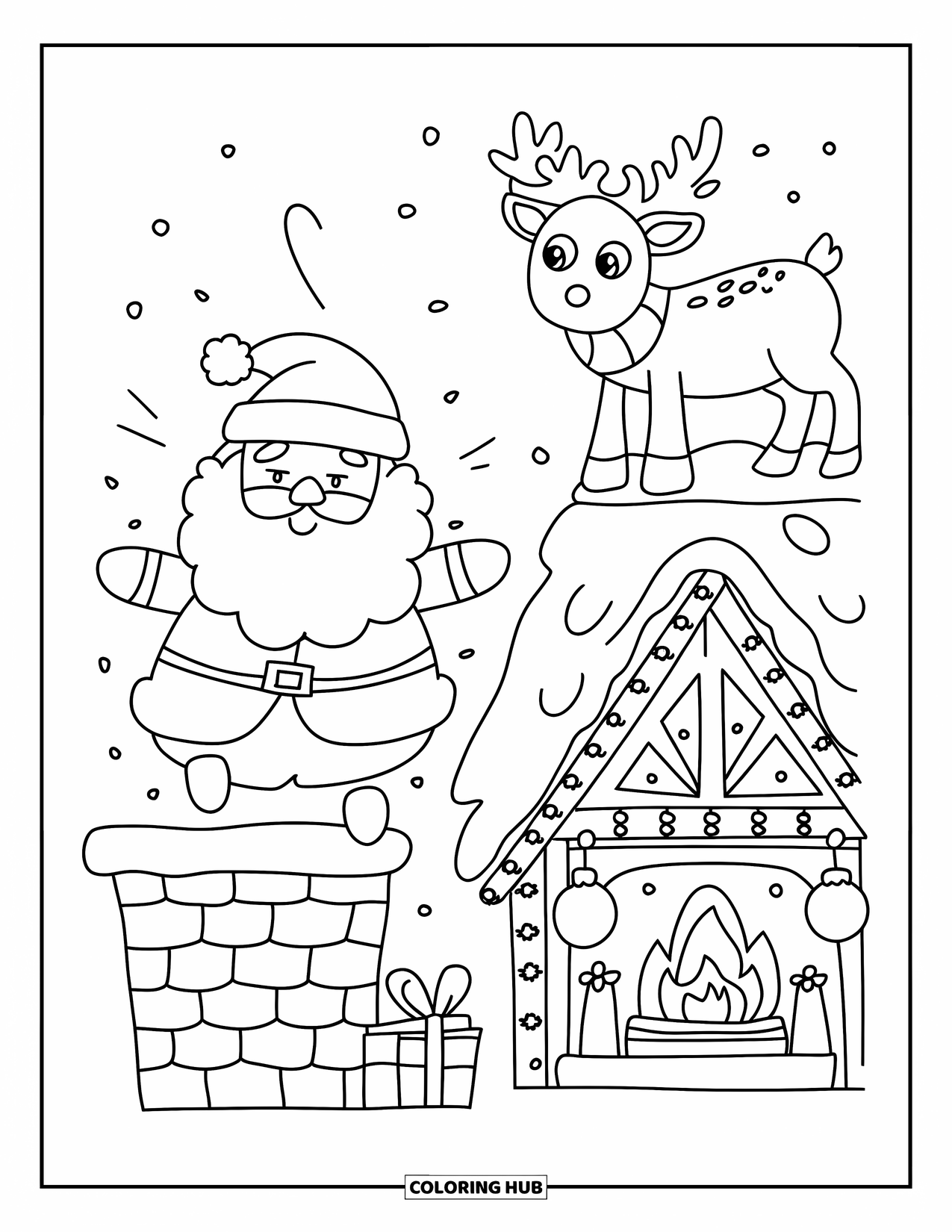 Kerst Kleurplaat voor Volwassenen: De voeten van de kerstman bungelen uit een schoorsteen terwijl een rendier zijn hoofd in verwarring houdt