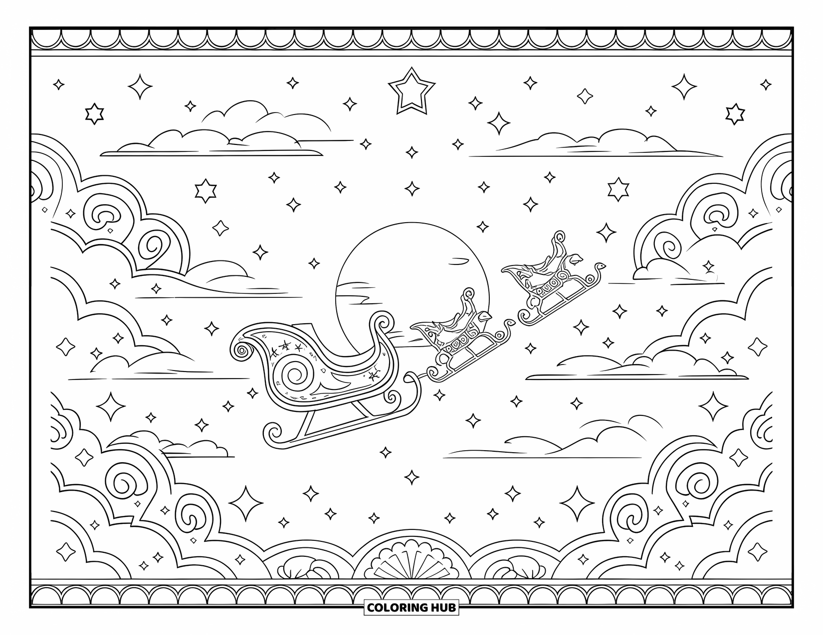 Kerst Kleurplaat voor Volwassenen: De slee van de Kerstman zweeft over een volle maan in een lucht vol verborgen patronen