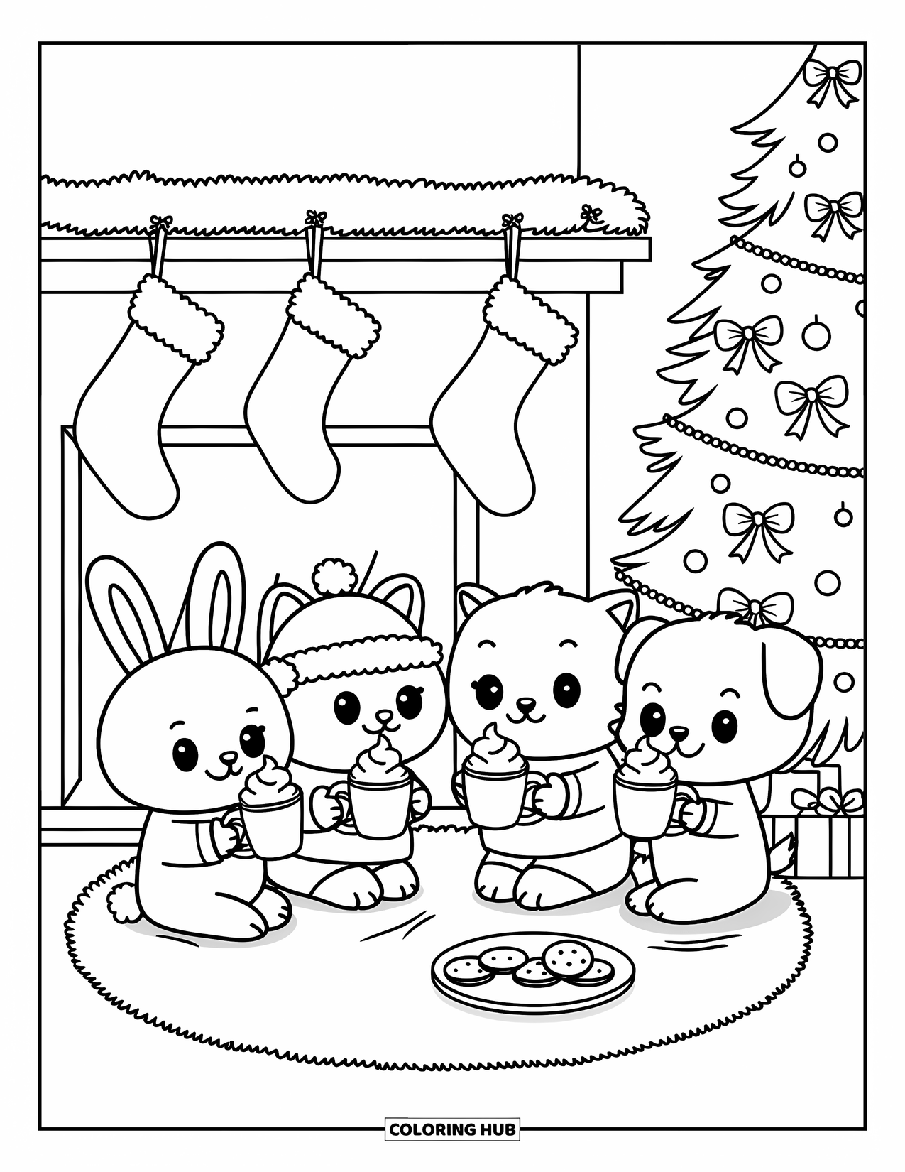 Kerst Kleurplaat voor Volwassenen: Knuffelige dierenvrienden ontspannen met cacao bij de kerstboom op kerstavond