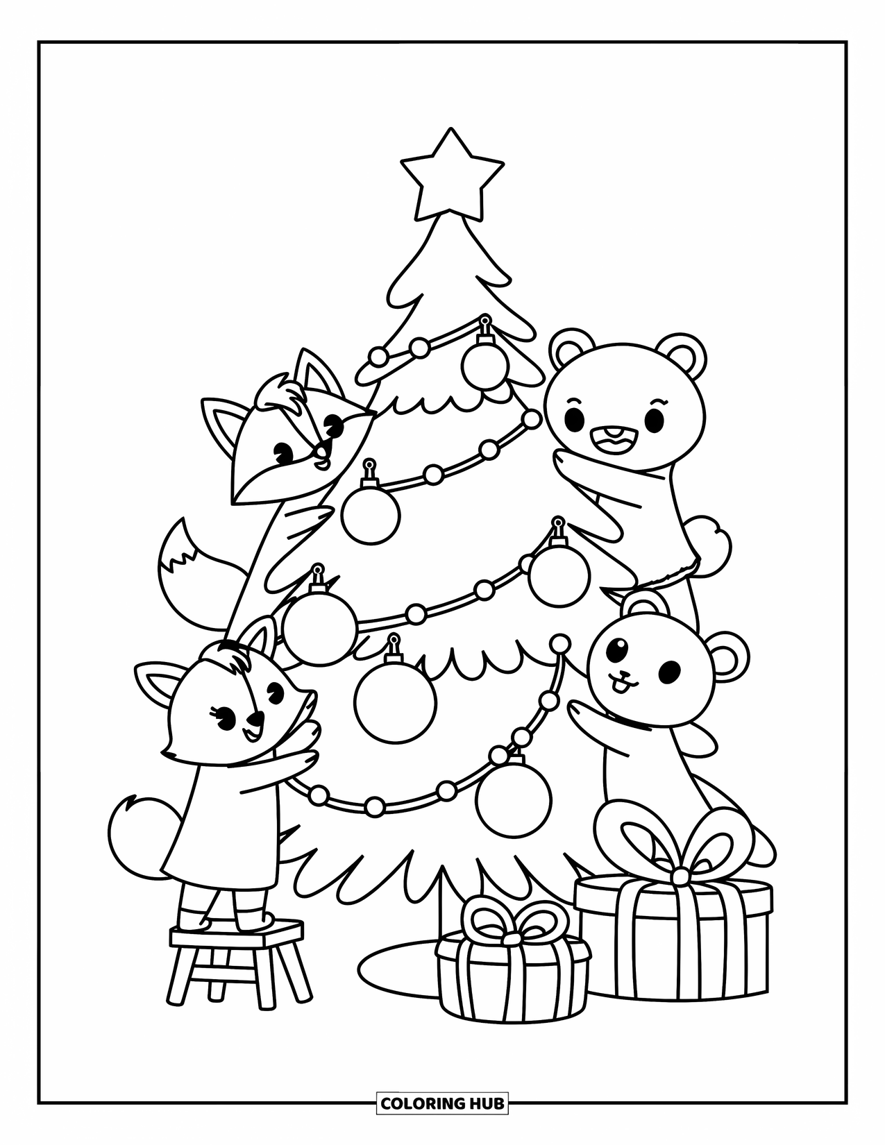 Kerst Kleurplaat voor Volwassenen: Drie schattige dieren versieren vrolijk een kerstboom met glanzende ballen en strikken