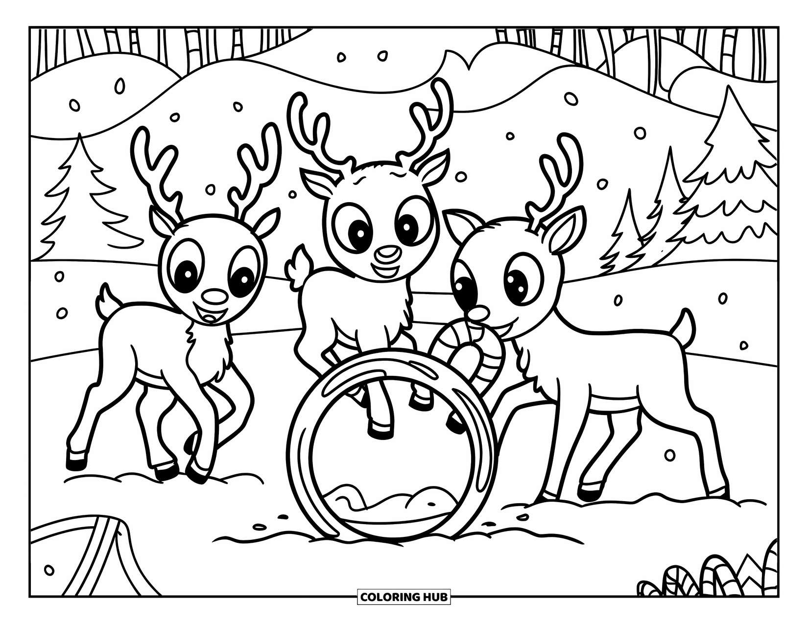 Kerst Kleurplaat voor Volwassenen: Drie speelse rendieren springen, balanceren zuurstokken en hebben plezier in een besneeuwd veld