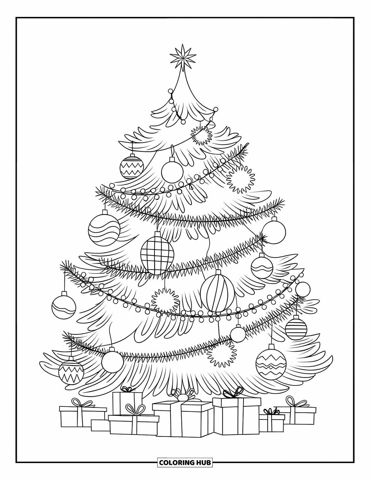 Kerst Kleurplaat voor Kinderen: Een prachtig versierde boom met twinkelende lichtjes en ingepakte cadeaus eronder