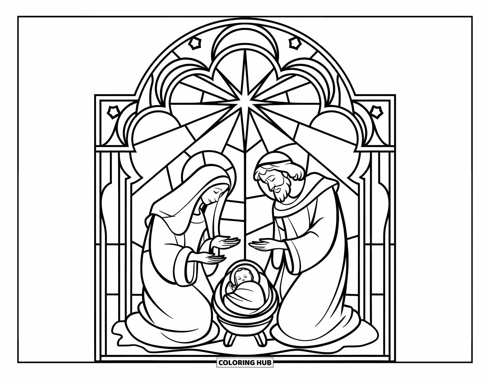 Kerst Kleurplaat voor Kinderen: Een prachtig ontworpen kerststal met sierlijke glas-in-looddetails en een leidende ster