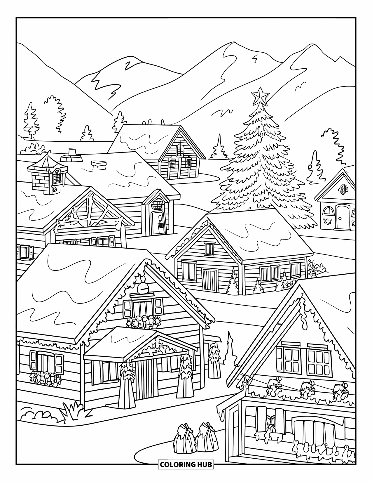 Kerst Kleurplaat voor Kinderen: Een charmant kerstdorp met besneeuwde huizen en een versierde boom op het plein