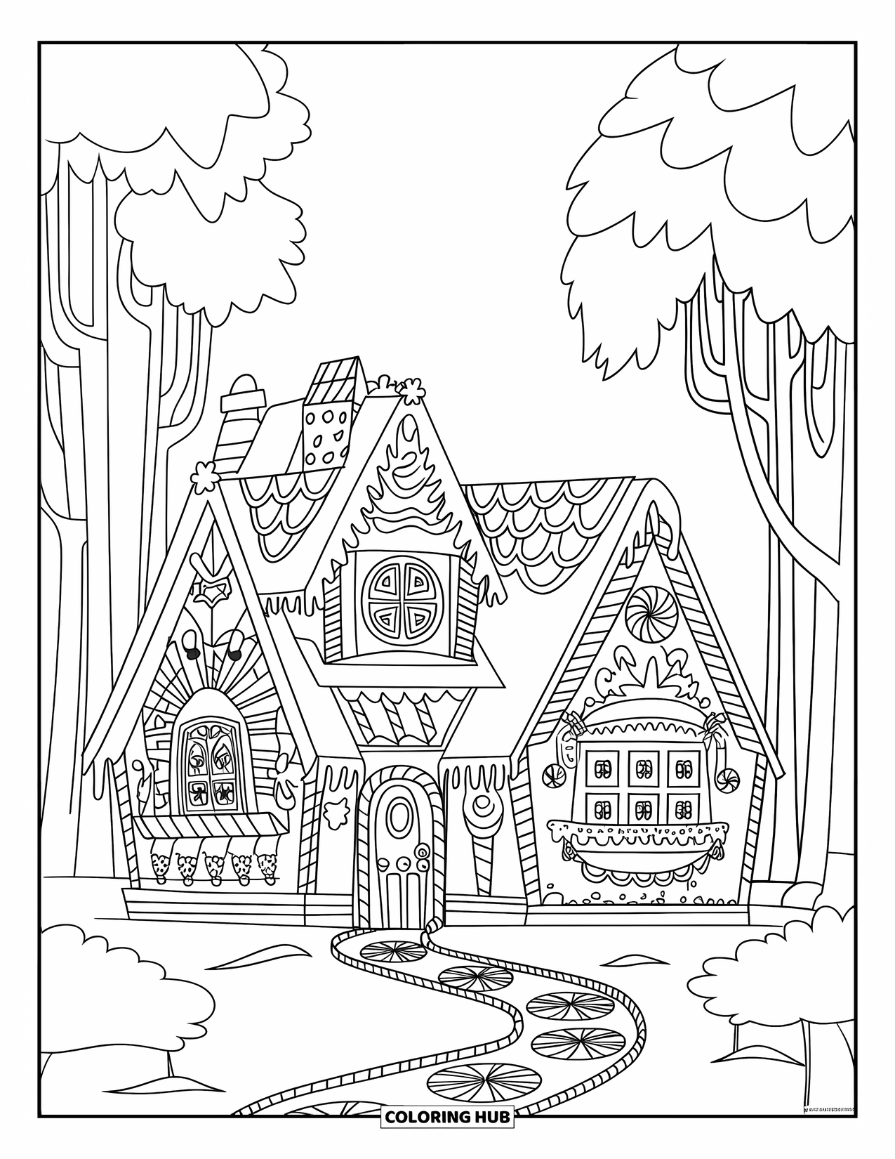 Kerst Kleurplaat voor Kinderen: Een charmant peperkoekhuisje bedekt met glazuur, snoepversieringen en een pepermuntpad