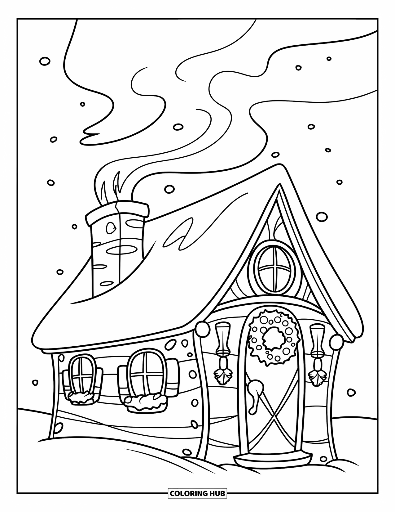 Kerst Kleurplaat voor Kinderen: Een charmante, met sneeuw bedekte hut met een warme gloed, omringd door een vredig winterlandschap