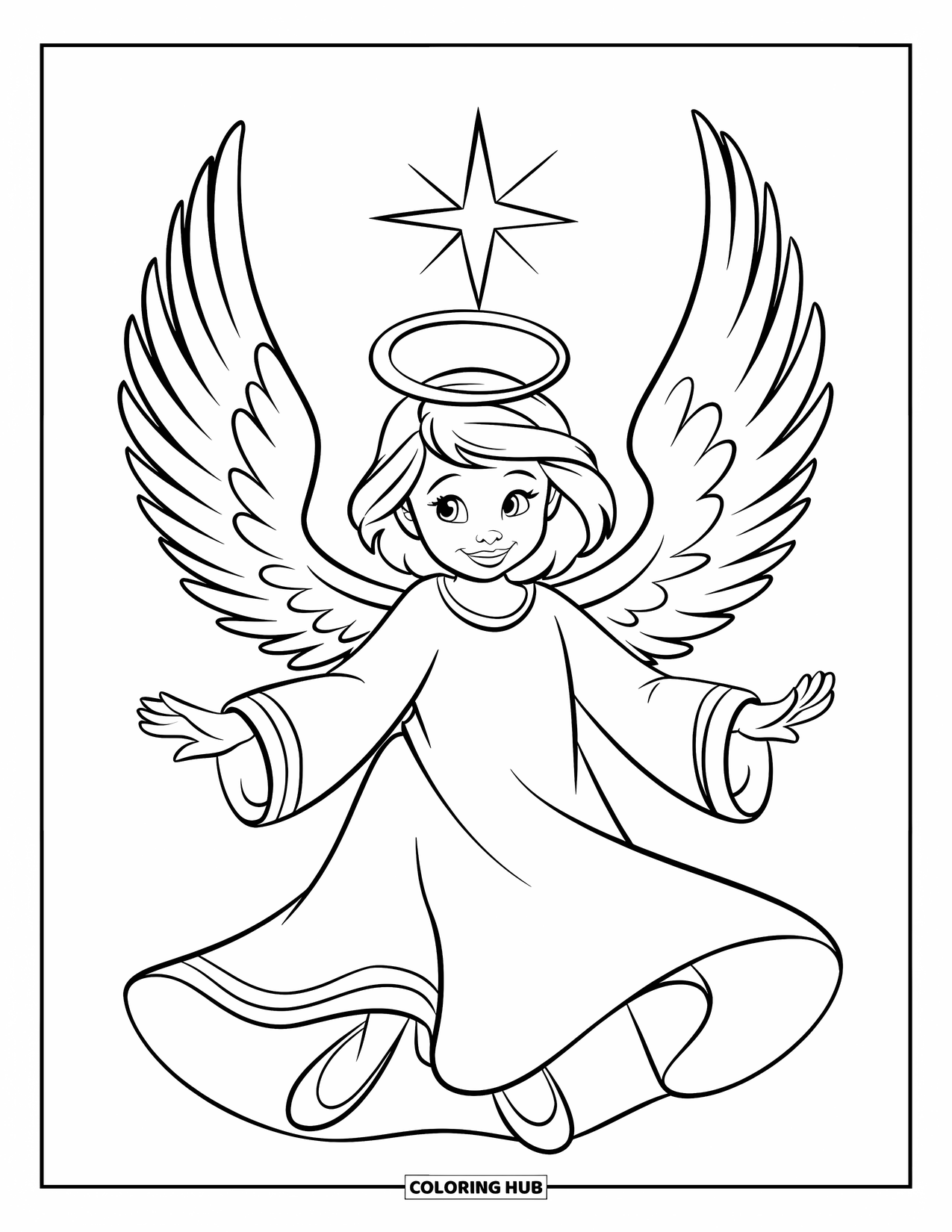 Kerst Kleurplaat voor Kinderen: Een vrolijke engel met vloeiende gewaden en een stralende ster glimlacht terwijl hij op een wolk zweeft