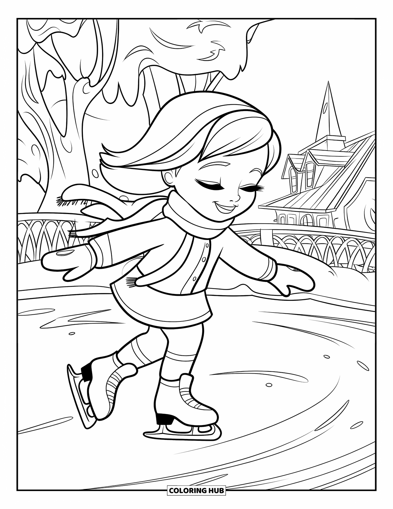 Kerst Kleurplaat voor Kinderen: Een vrolijk meisje glijdt over het ijs, ingepakt in warme winterkleding