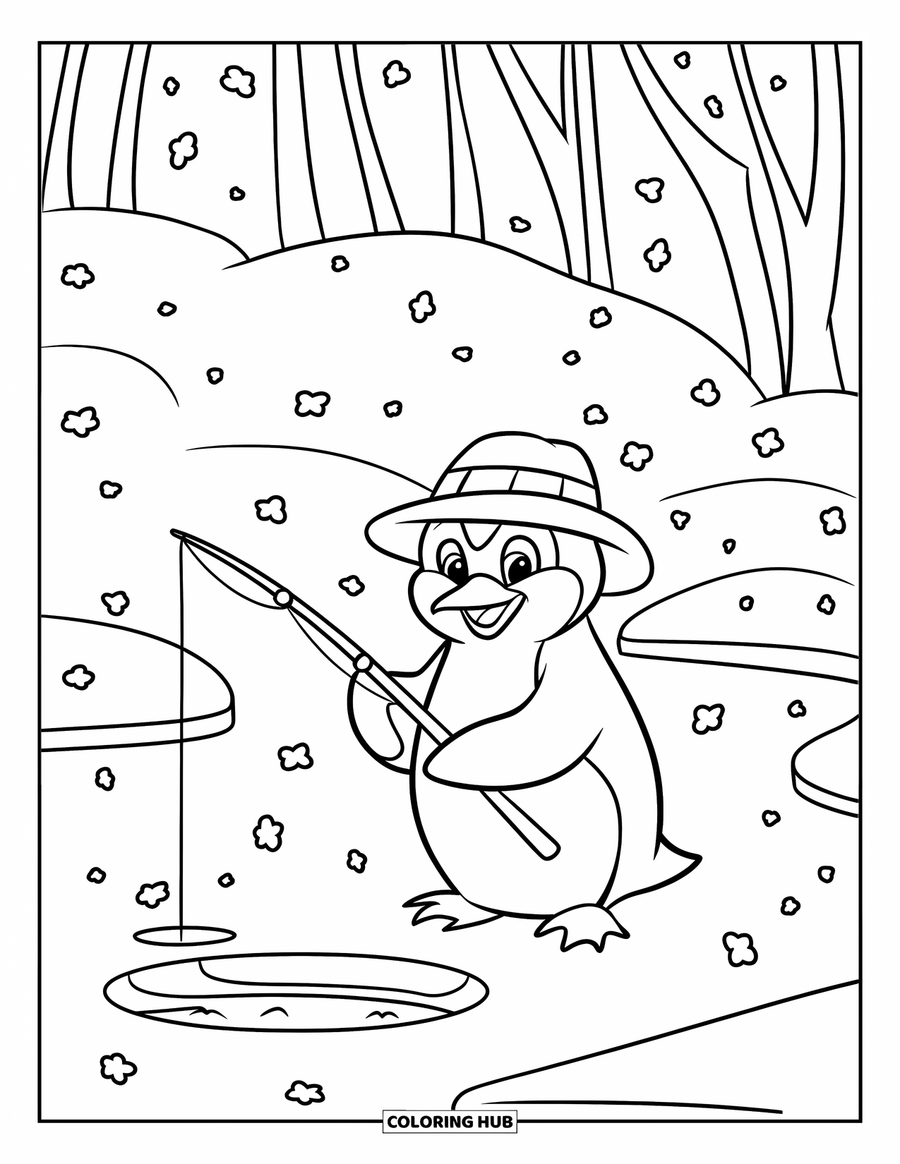 Kerst Kleurplaat voor Kinderen: Een vrolijke pinguïn met een hoed vist geduldig op een bevroren vijver terwijl de sneeuw valt