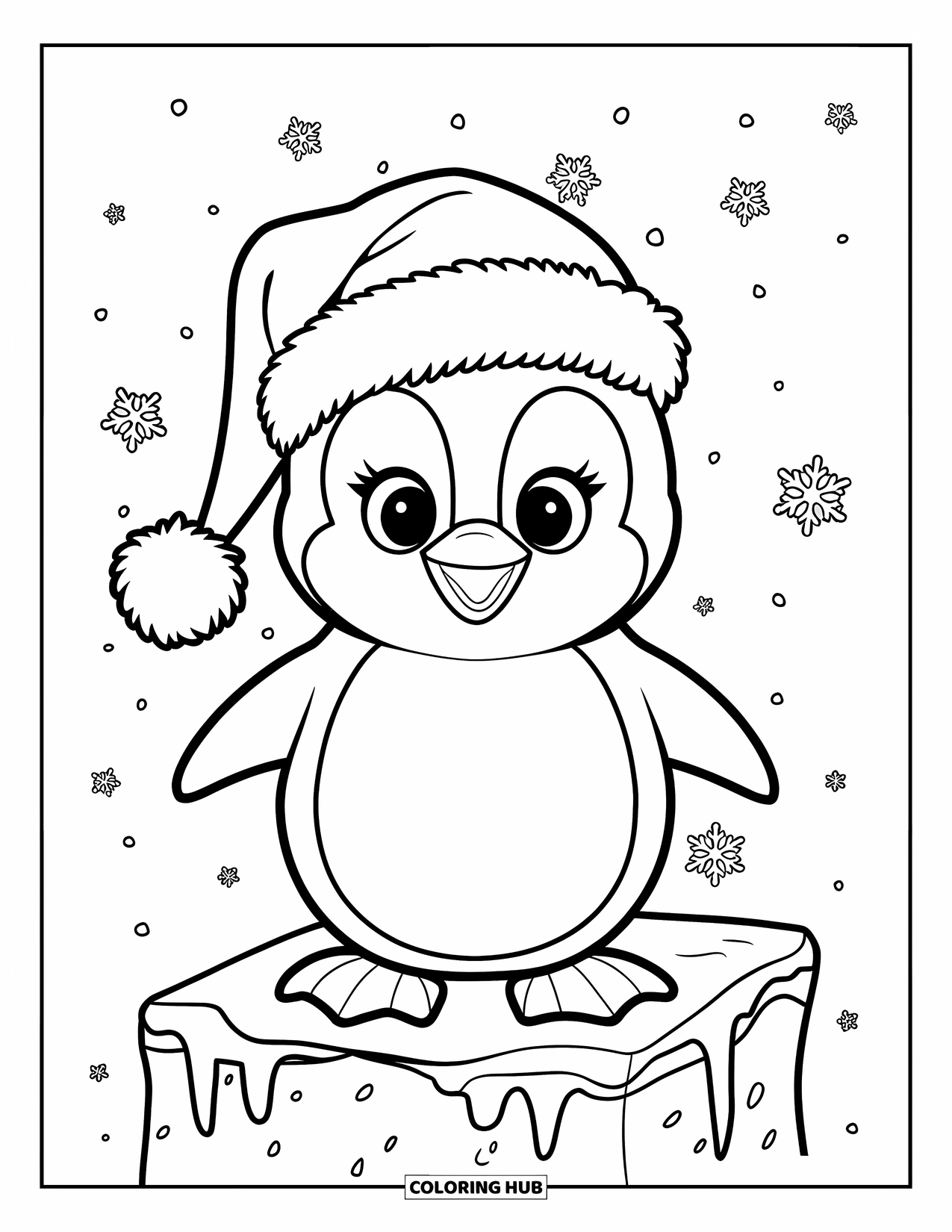 Kerst Kleurplaat voor Kinderen: Een vrolijke pinguïn met een kerstmuts staat op een ijzig oppervlak terwijl de sneeuw zachtjes valt