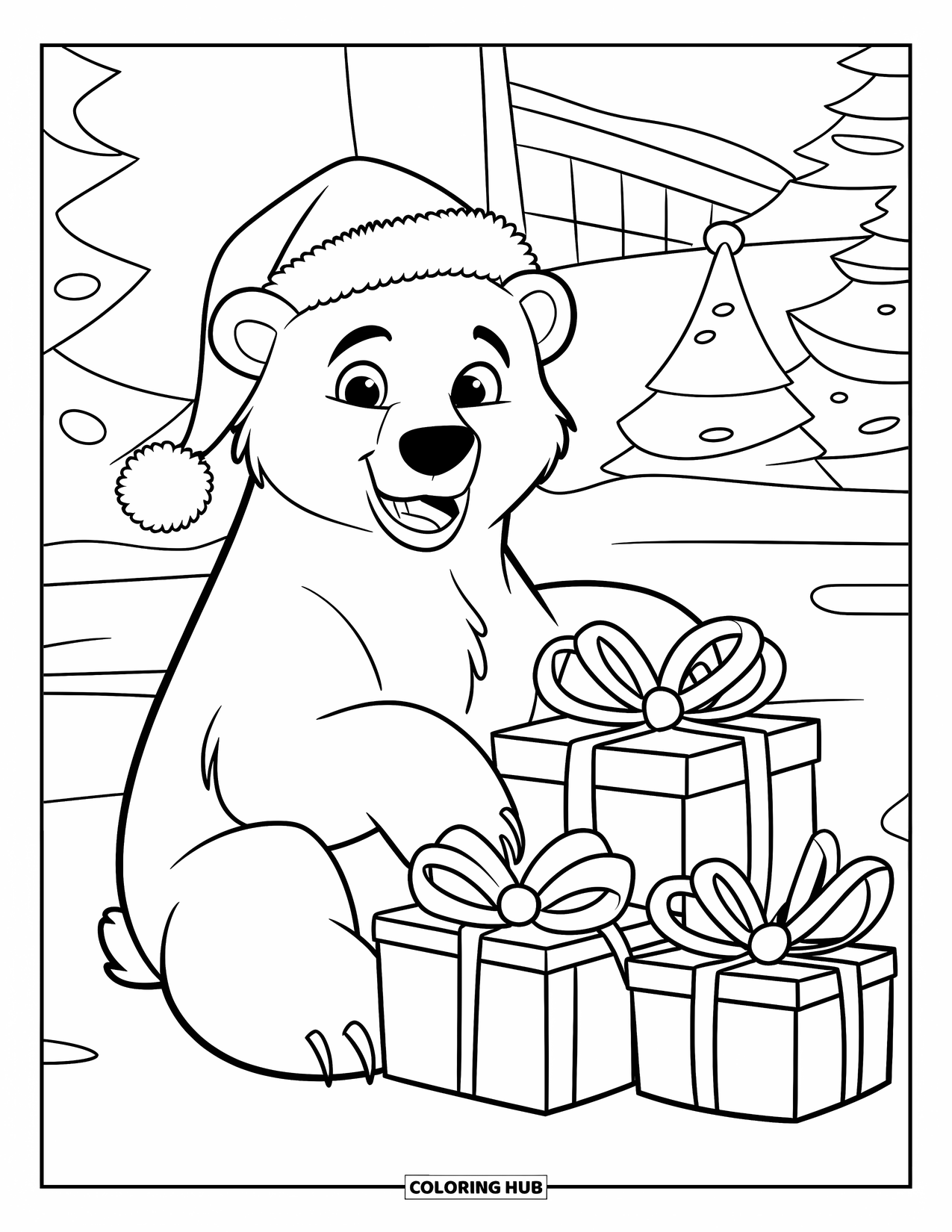 Kerst Kleurplaat voor Kinderen: Een vrolijke ijsbeer met cadeaus, zittend in de sneeuw bij een kerstboom