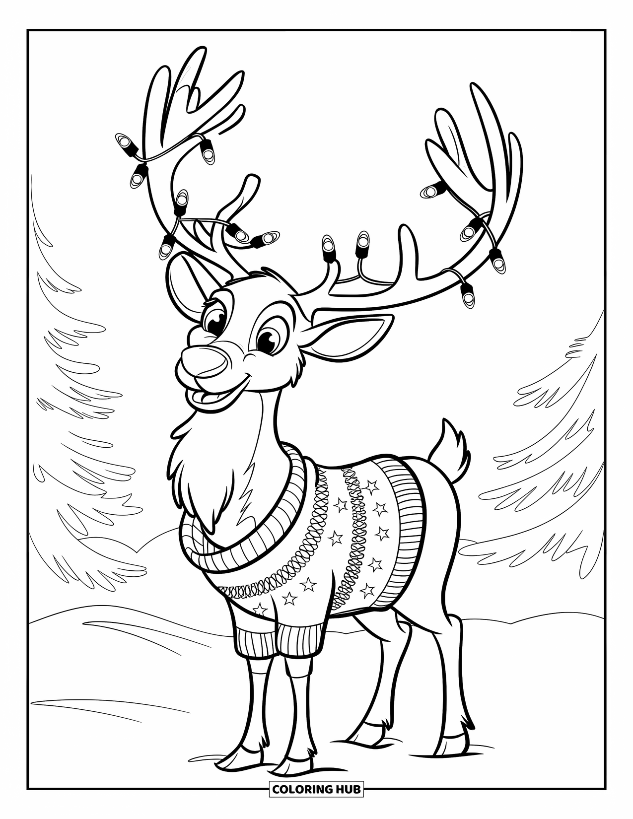 Kerst Kleurplaat voor Kinderen: Een vrolijk rendier in een kersttrui staat in de sneeuw onder twinkelende lichtjes