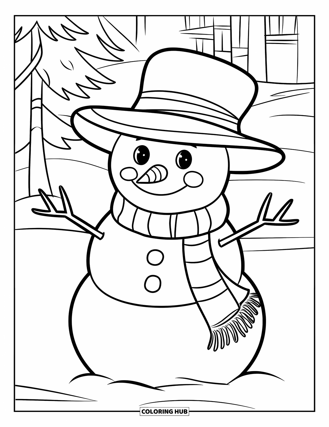 Kerst Kleurplaat voor Kinderen: Een vrolijke sneeuwpop ingepakt in een sjaal en hoed staat naast een klein besneeuwd boompje
