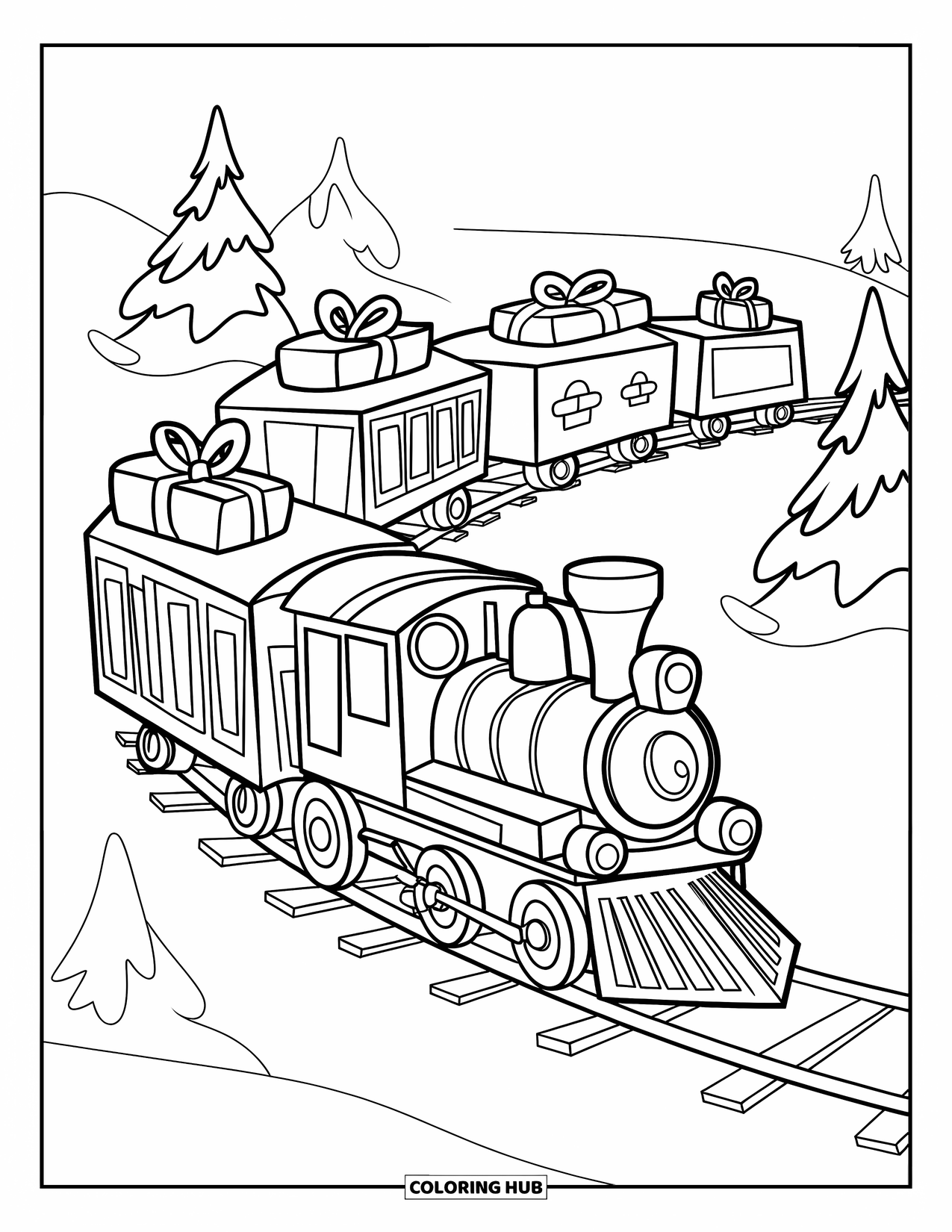 Kerst Kleurplaat voor Kinderen: Een vrolijke speelgoedtrein vervoert cadeaus door een besneeuwd landschap omzoomd met dennenbomen