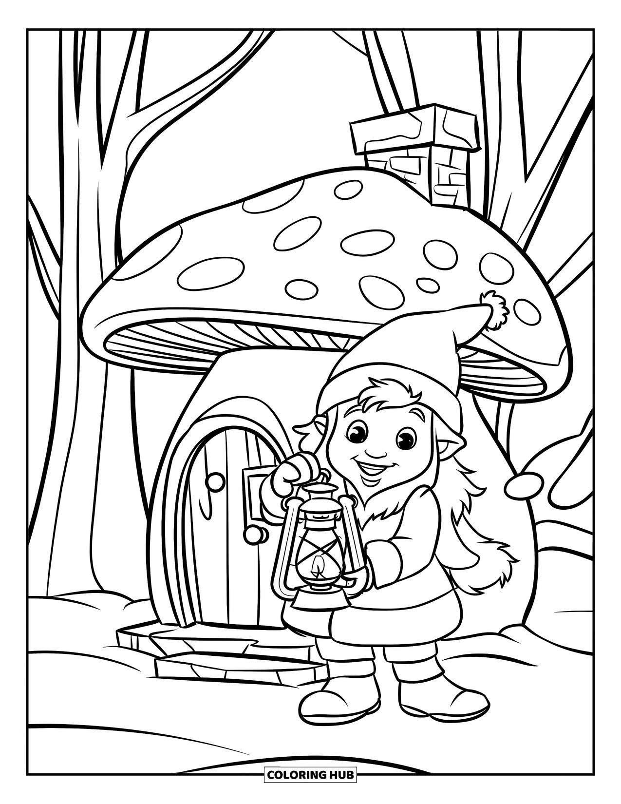 Kerst Kleurplaat voor Kinderen: Een vrolijke winterkabouter houdt een lantaarn vast bij een klein paddenstoelenhuisje in de sneeuw