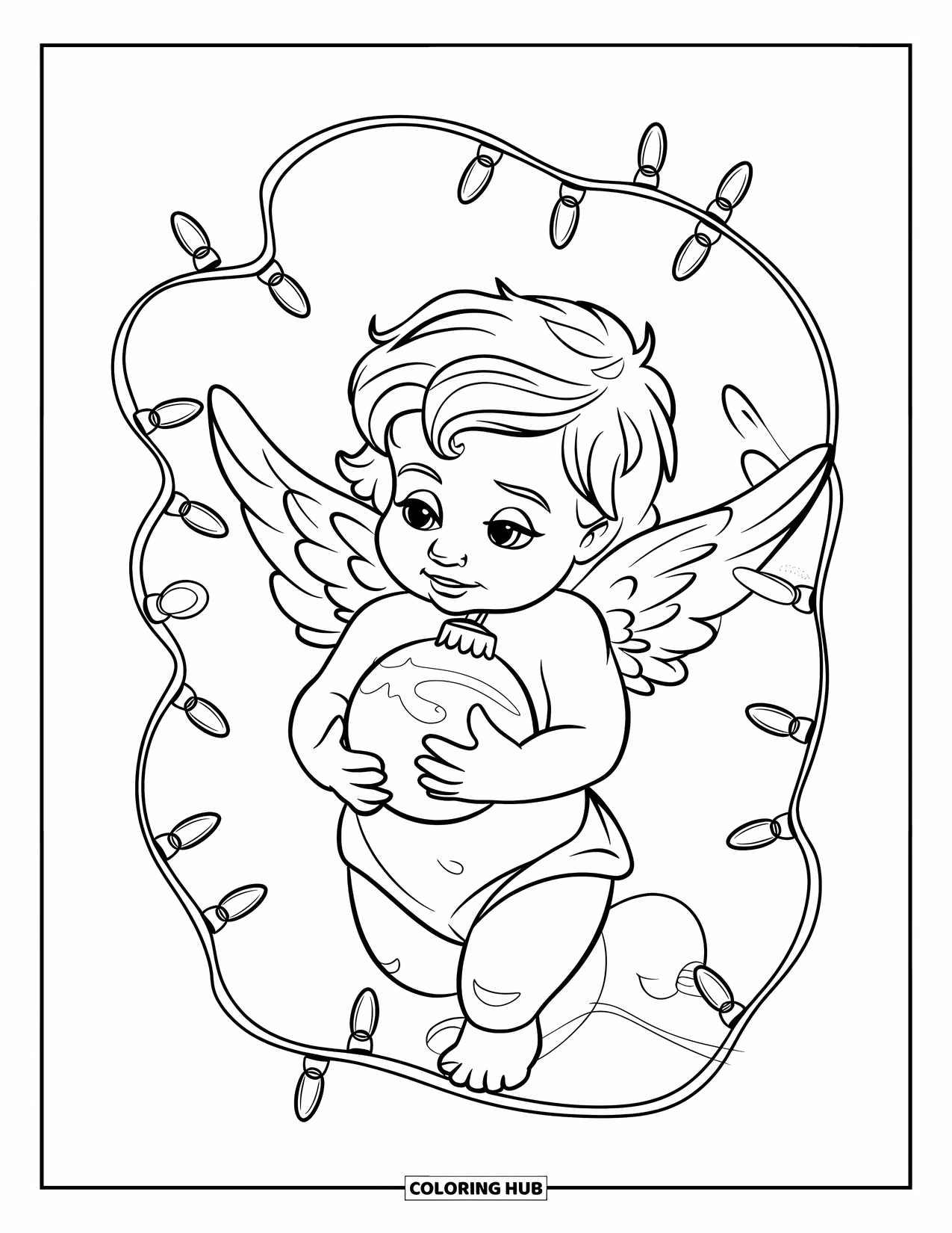 Kerst Kleurplaat voor Kinderen: Een cherubijn houdt zachtjes een gloeiende kerstbal vast, omringd door feestelijke lichtjes en maretak