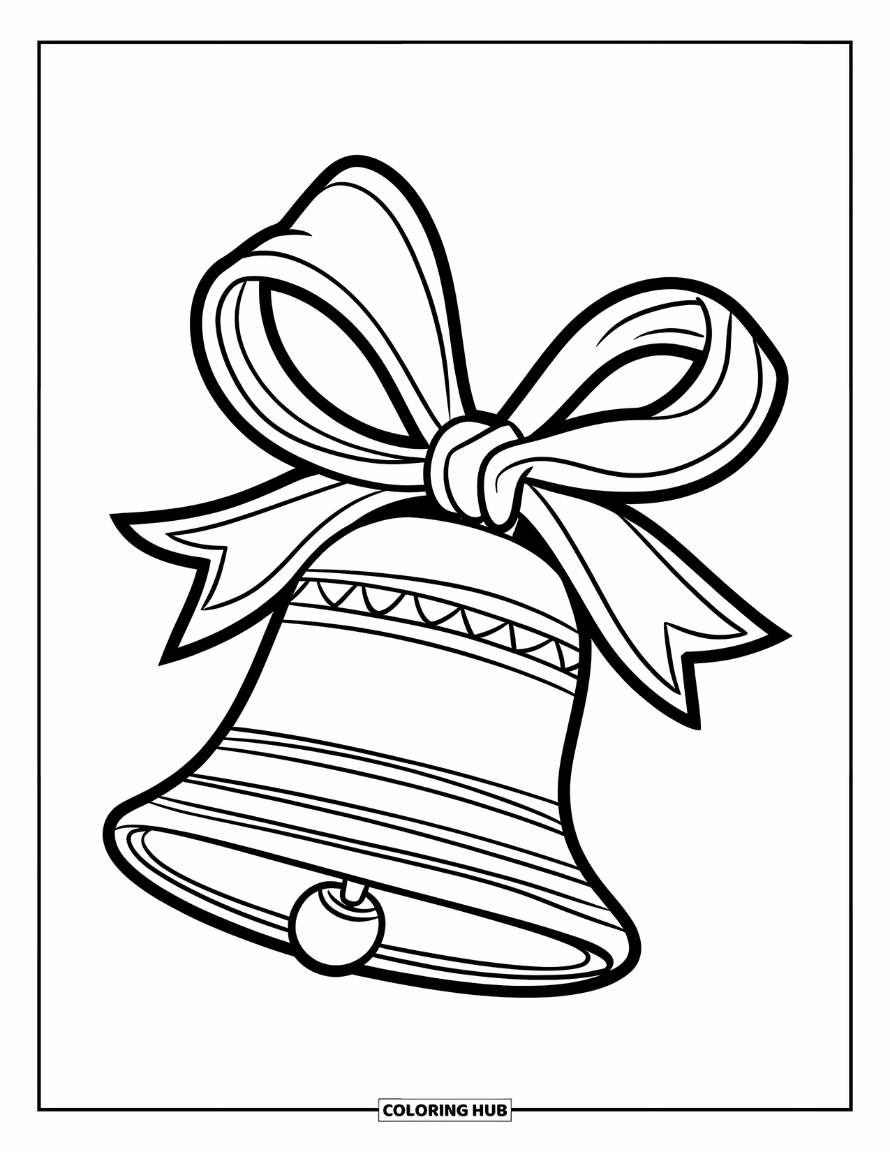 Kerst Kleurplaat voor Kinderen: Een kerstbel met een vastgebonden lint zit klaar om de feestdagen in te luiden