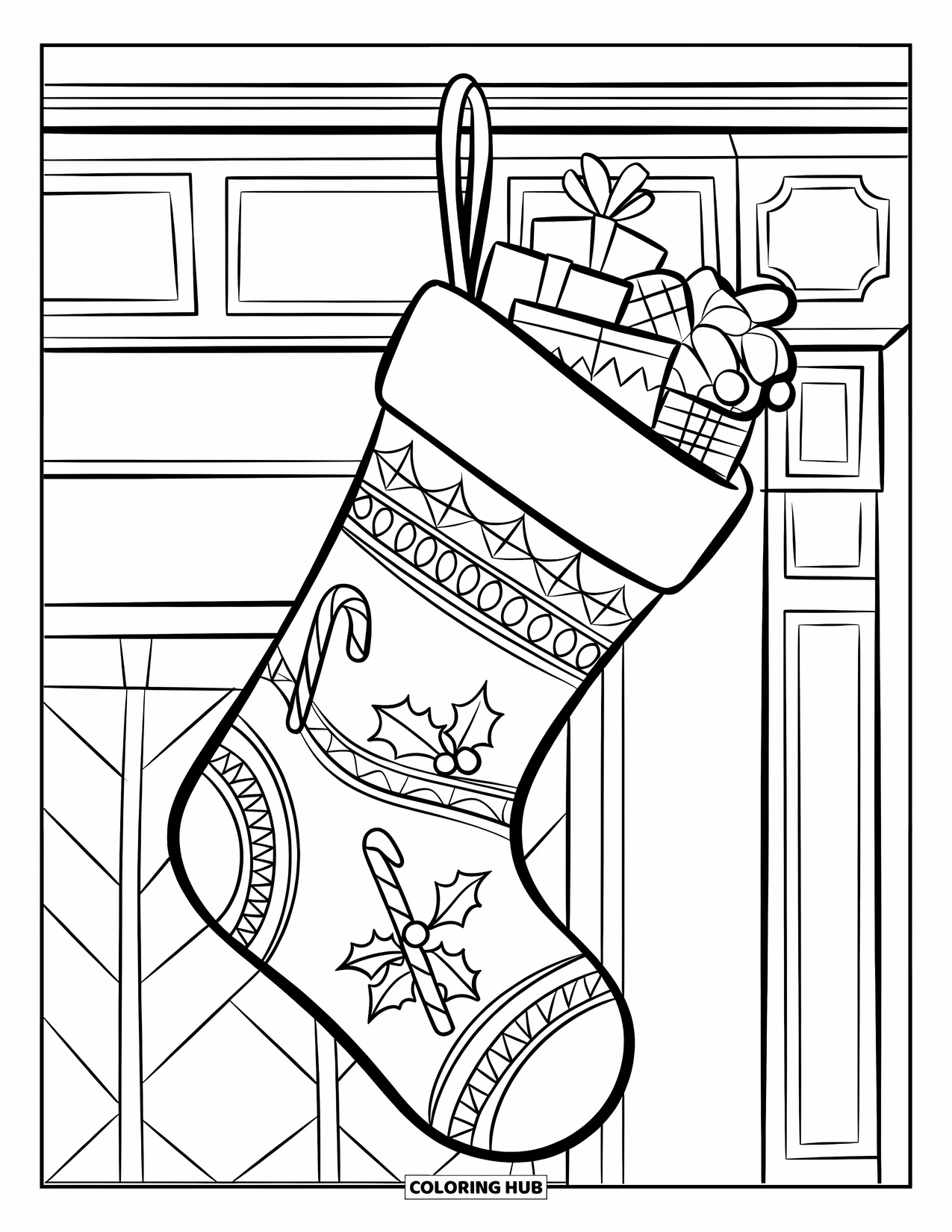 Kerst Kleurplaat voor Kinderen: Een kerstsok hangend aan een open haard, gevuld met cadeaus, zuurstokken en hulst