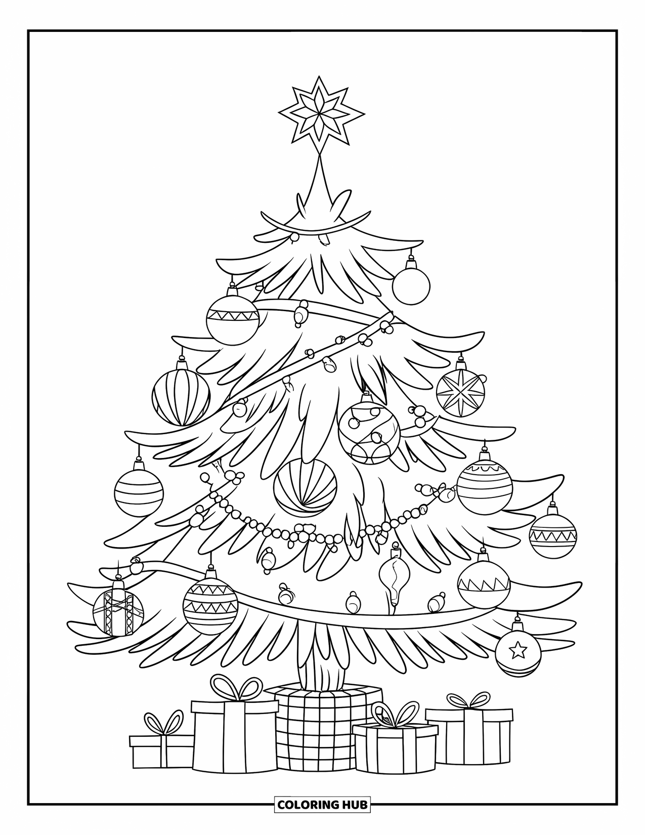 Kerst Kleurplaat voor Kinderen: Een kerstboom met delicate ornamenten, twinkelende lichtjes en een stralende ster bovenop