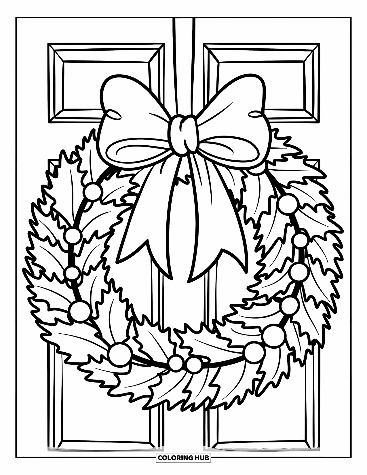 Kerst Kleurplaat voor Kinderen: Een klassieke kerstkrans met een grote strik en hulstbessen, hangend aan een deur