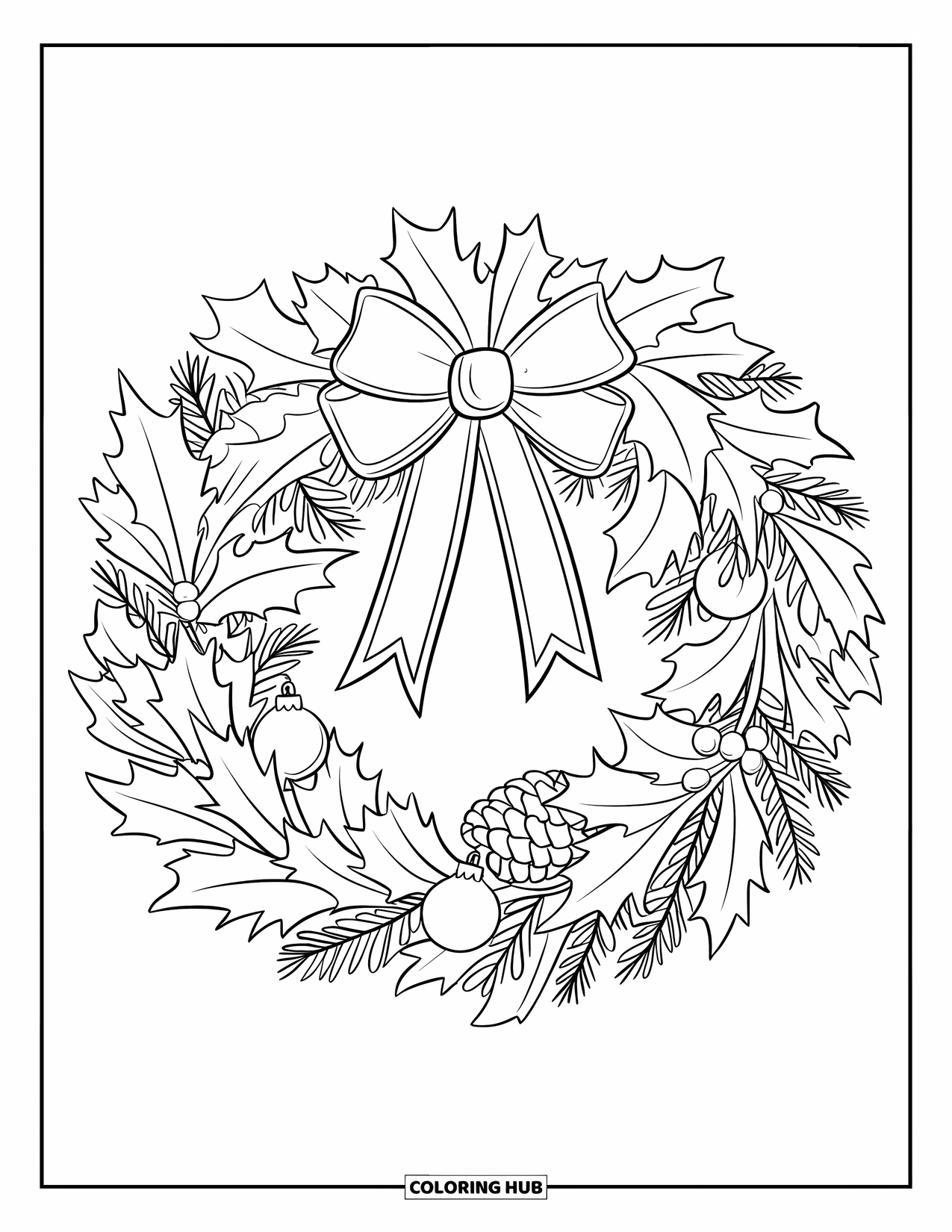 Kerst Kleurplaat voor Kinderen: Een klassieke kerstkrans met hulst, dennenappels, maretak en hangende ornamenten