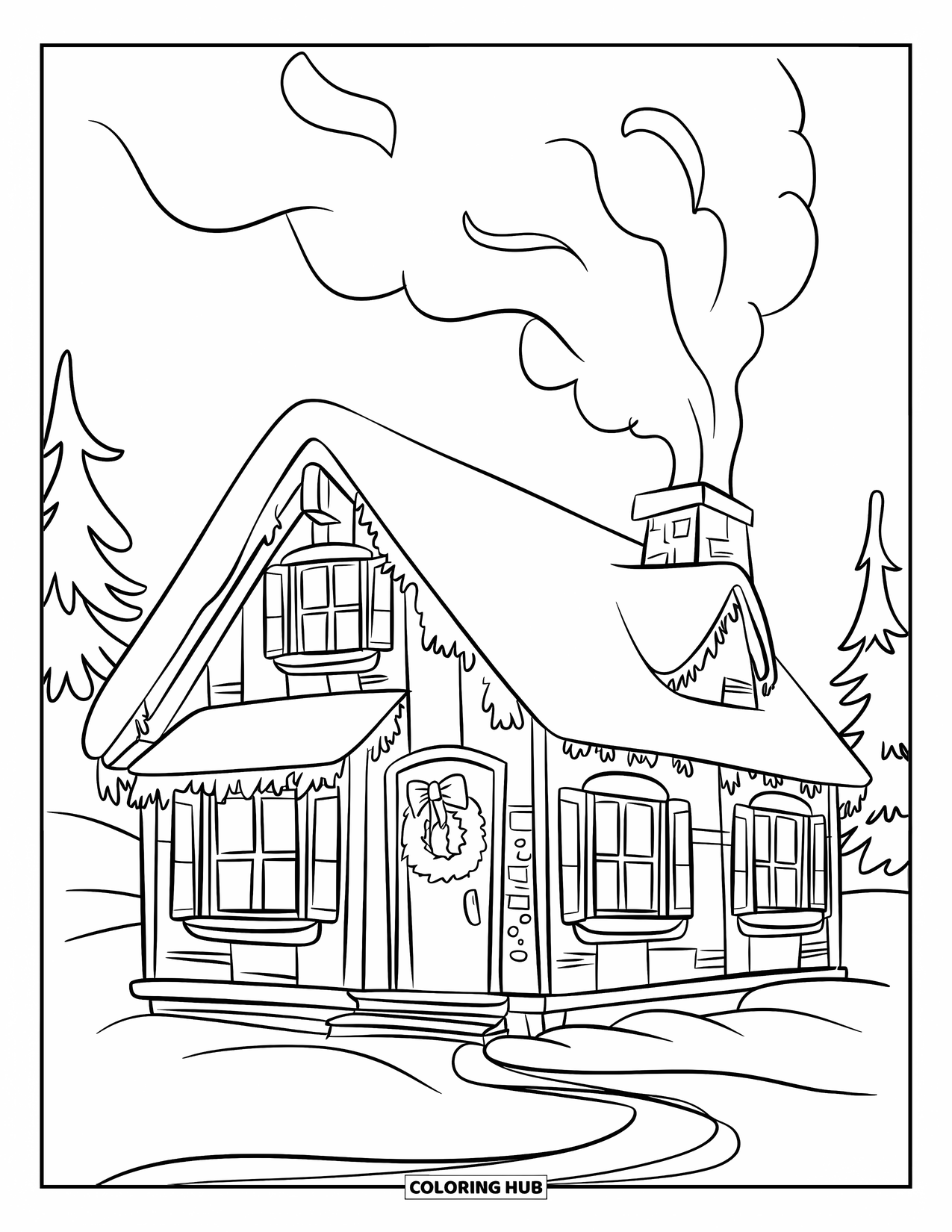 Kerst Kleurplaat voor Kinderen: Een gezellige hut met gloeiende ramen, een krans aan de deur en rook die uit de schoorsteen krult