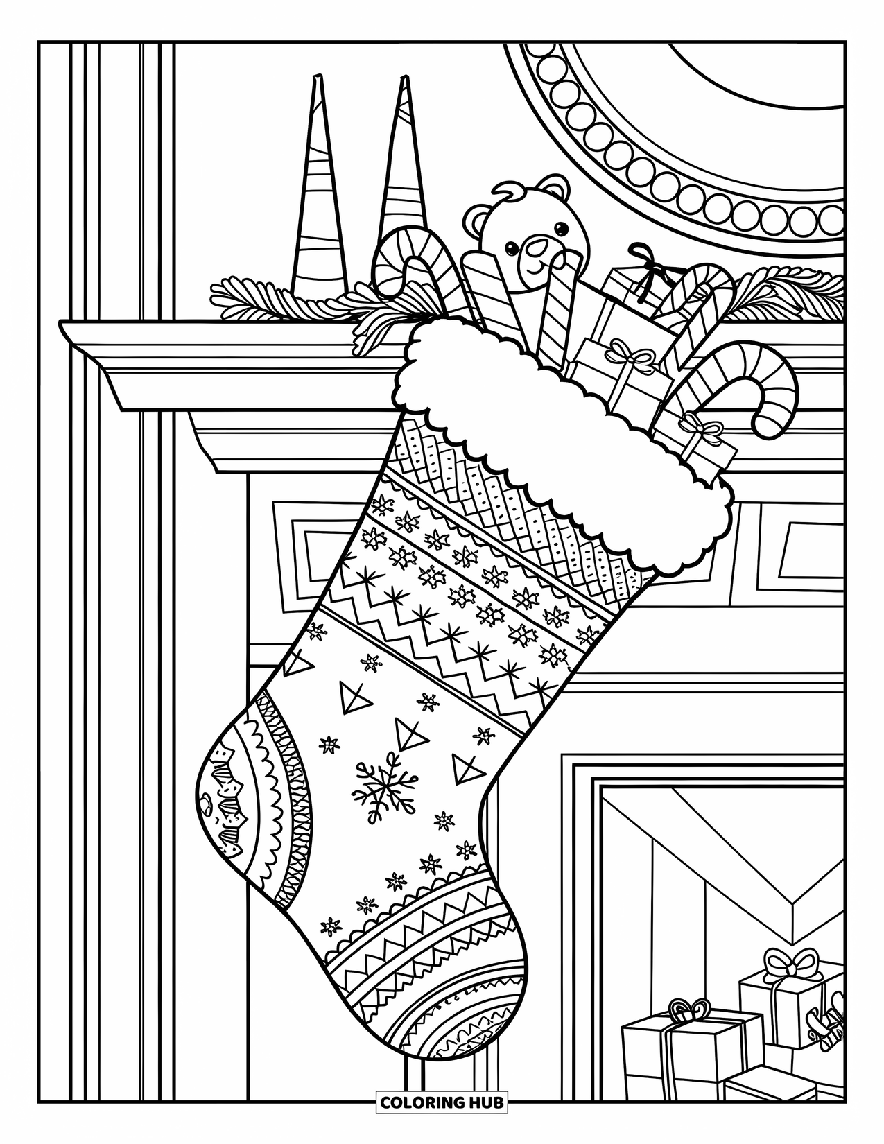 Kerst Kleurplaat voor Kinderen: Een gezellige kerstsok vol cadeautjes, hangend aan een versierde schoorsteenmantel