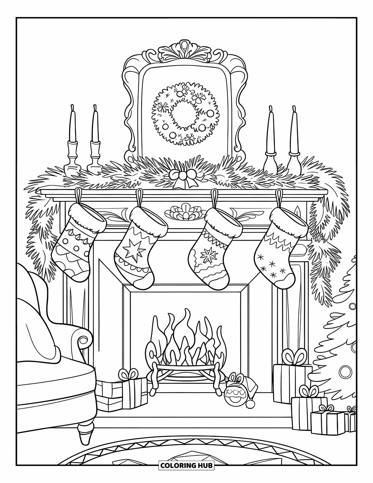 Kerst Kleurplaat voor Kinderen: Een gezellige open haard met kousen, kaarsen en een krans, omringd door een comfortabele woonkamer