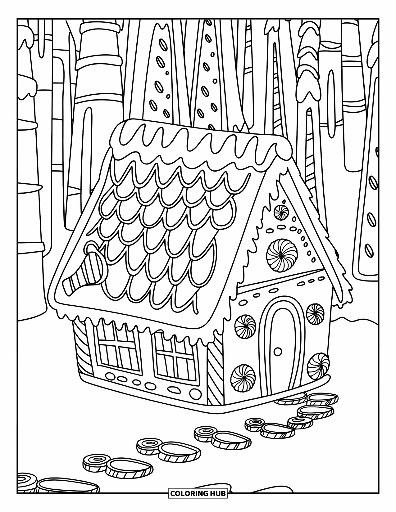 Kerst Kleurplaat voor Kinderen: Een gezellig peperkoekhuisje omringd door gomballen, zuurstokken en glazuurpatronen
