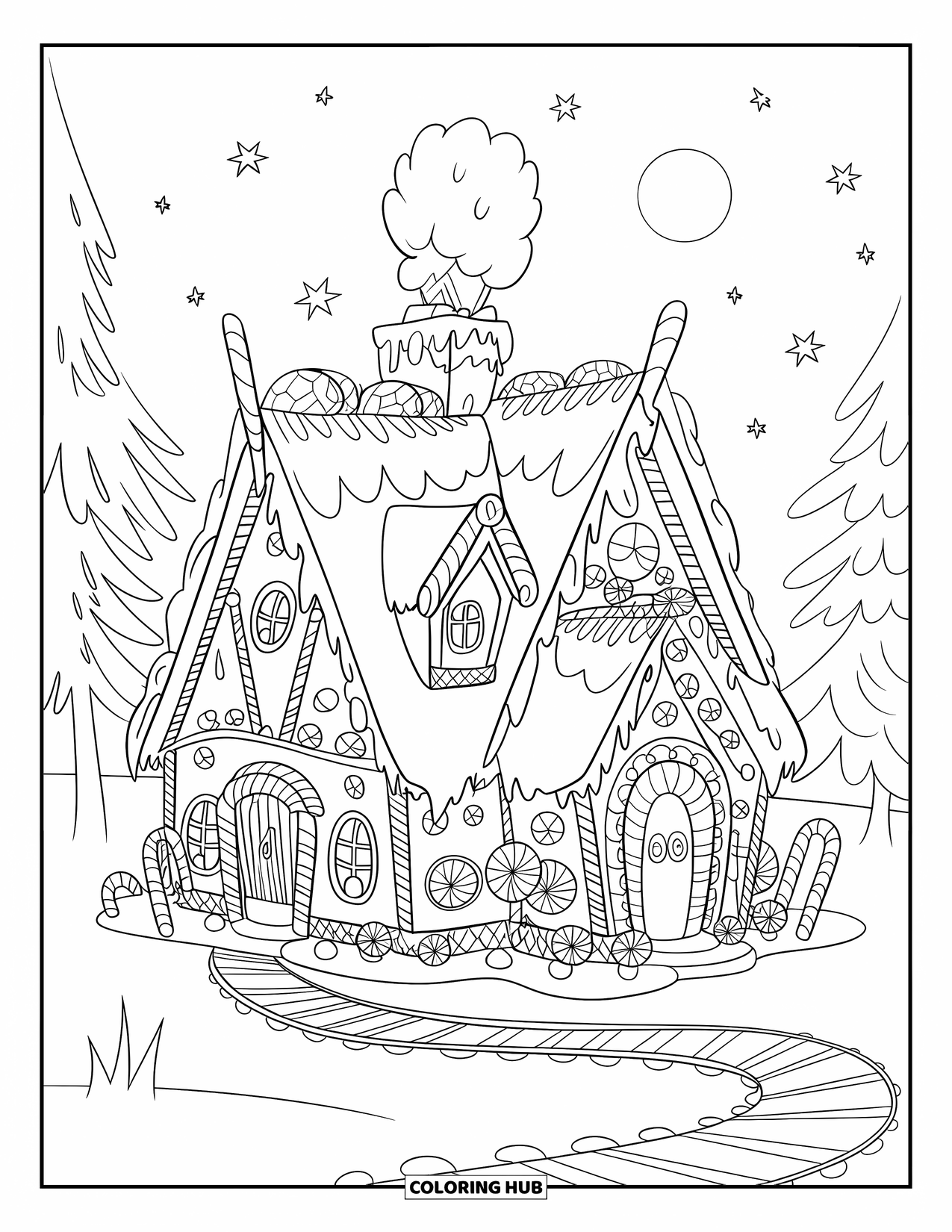 Kerst Kleurplaat voor Kinderen: Een gezellig peperkoekhuisje met een zuurstokpad, omringd door besneeuwde bomen