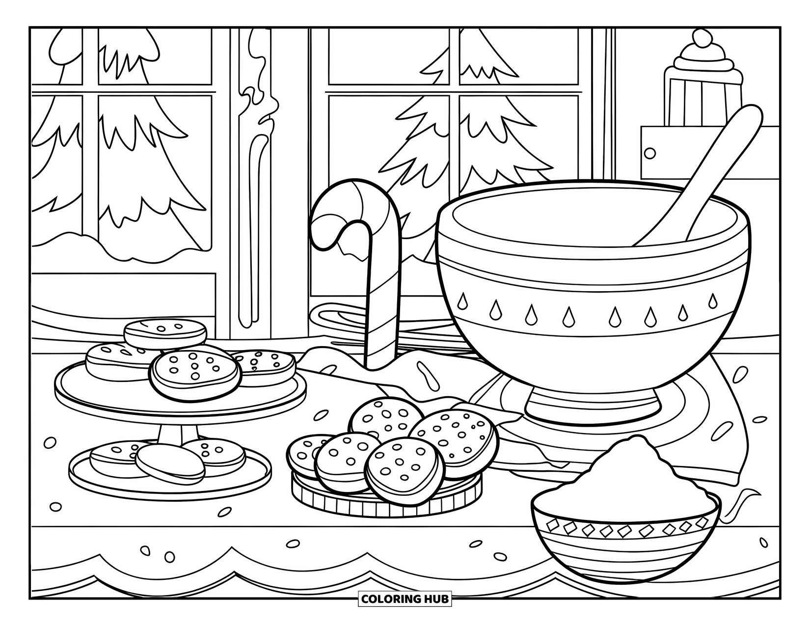 Kerst Kleurplaat voor Kinderen: Een gezellige keukenscène met koekjes, zuurstokken en een mengkom op het aanrecht