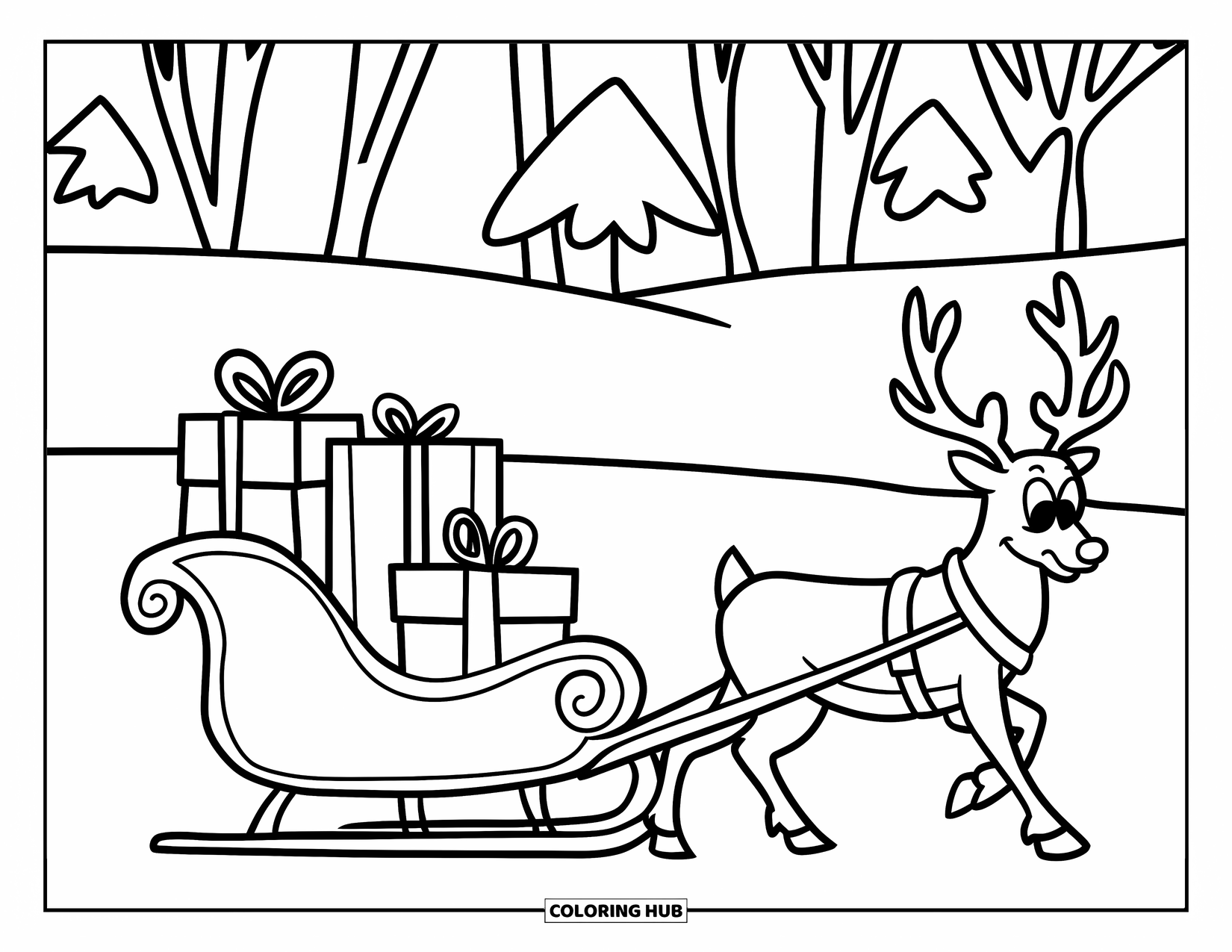 Kerst Kleurplaat voor Kinderen: Een gezellige slee vol cadeaus, die door de sneeuw reist met een team rendieren