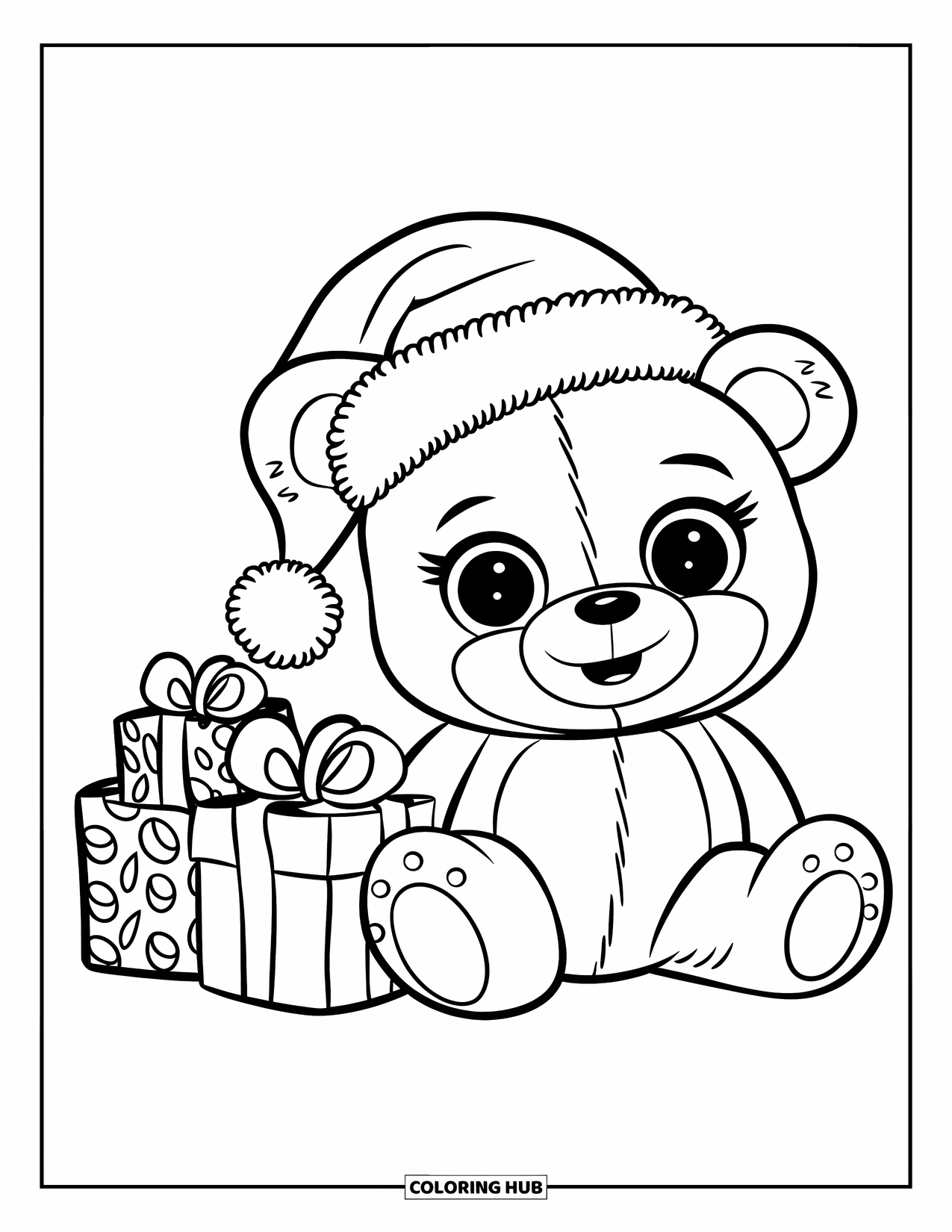 Kerst Kleurplaat voor Kinderen: Een knuffelige teddybeer met een kerstmuts zit naast netjes ingepakte cadeaus