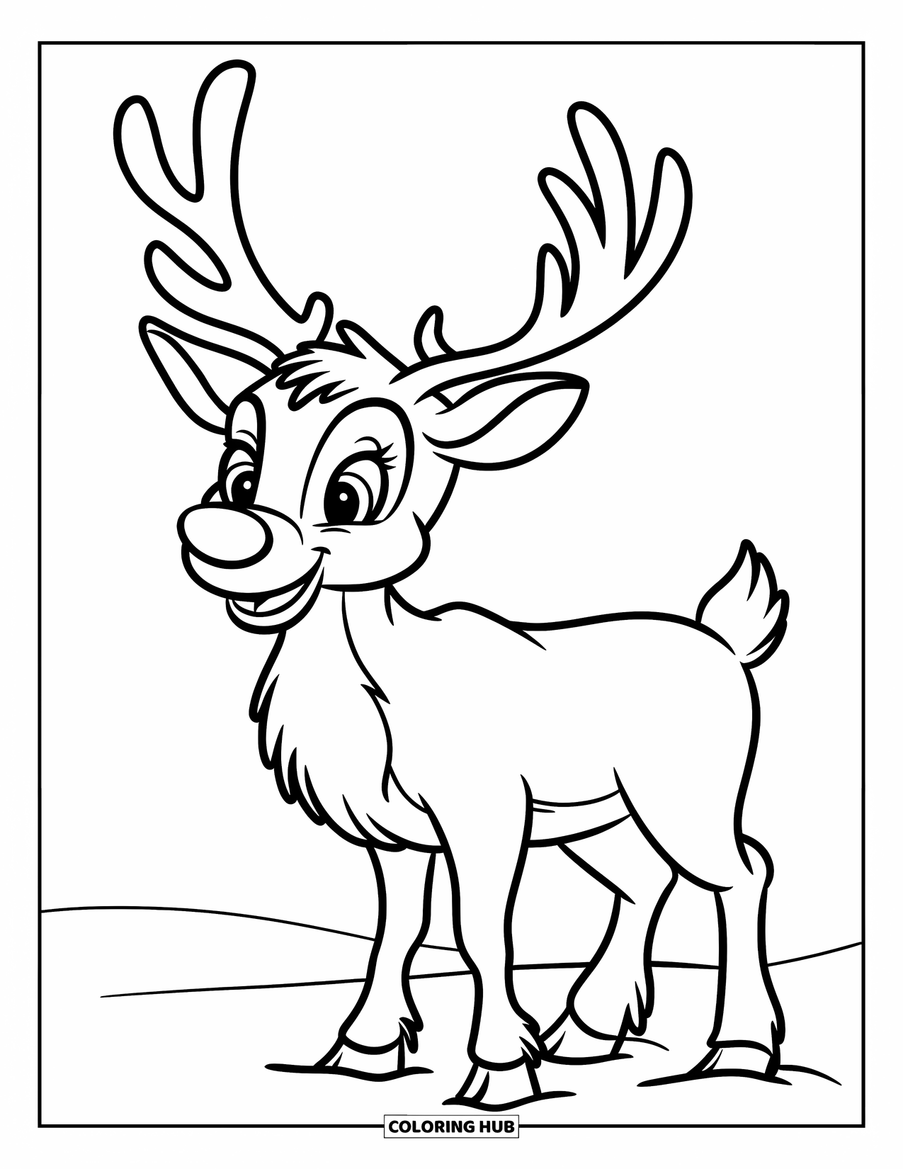 Kerst Kleurplaat voor Kinderen: Een schattig rendier met een grote neus en eenvoudige vormen staat in een besneeuwd veld