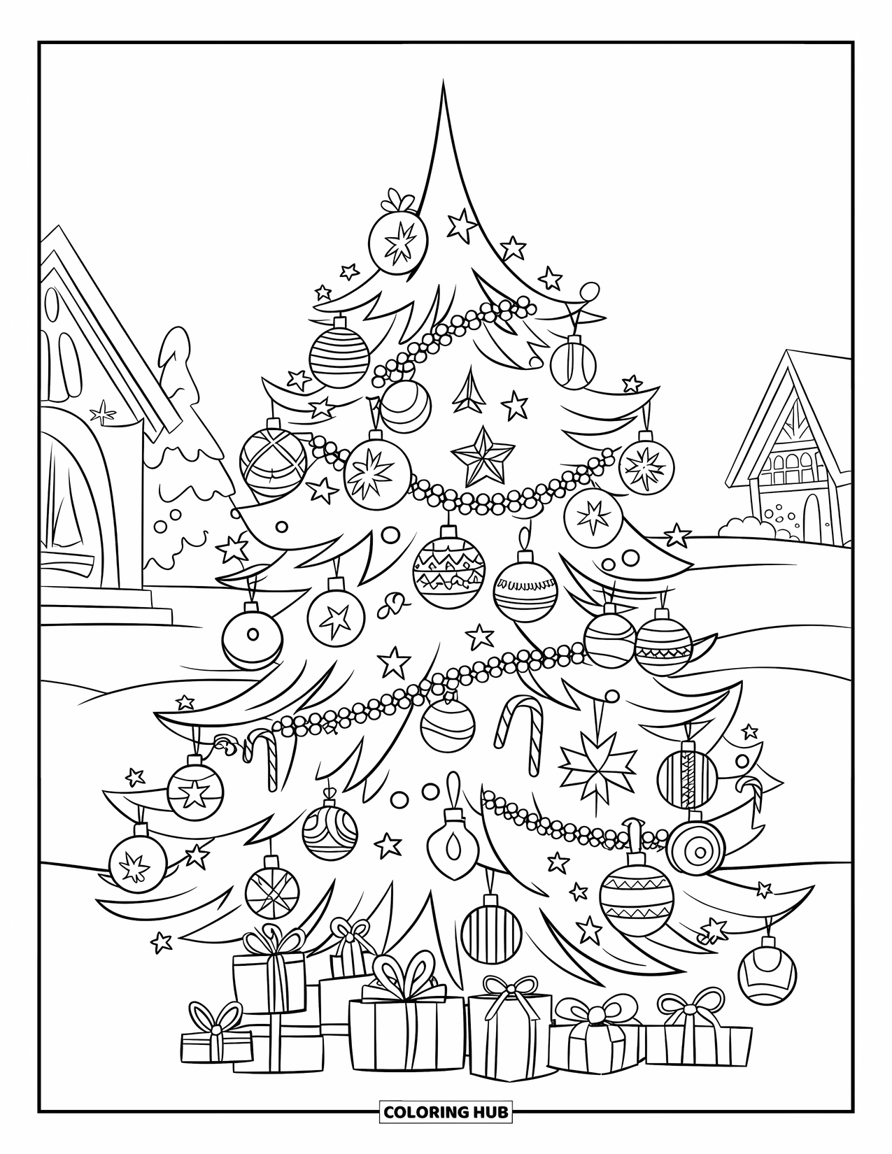 Kerst Kleurplaat voor Kinderen: Een versierde boom staat in de sneeuw, omringd door twinkelende lichtjes en kleine huizen