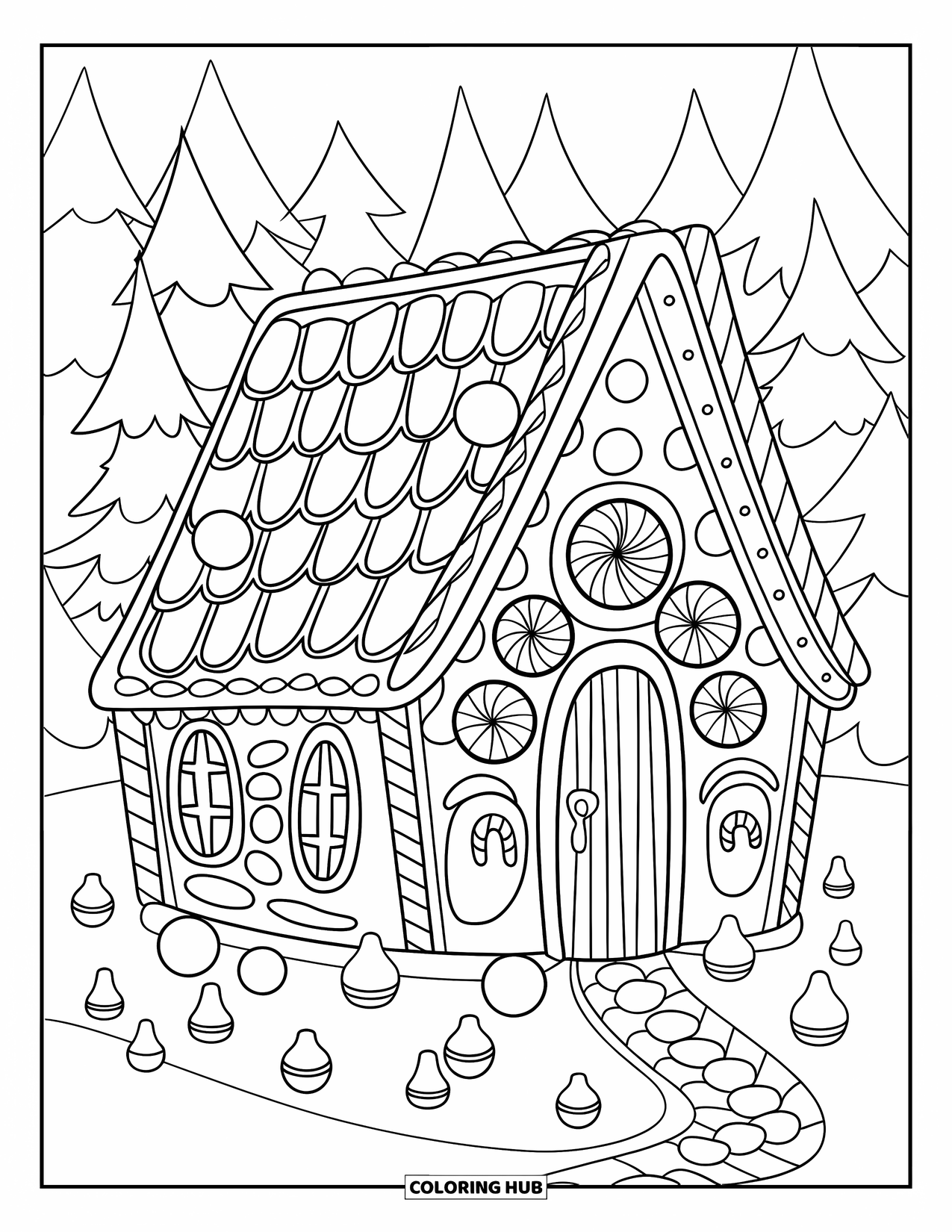 Kerst Kleurplaat voor Kinderen: Een heerlijk peperkoekhuis bedekt met glazuur, gomballen en snoepversieringen