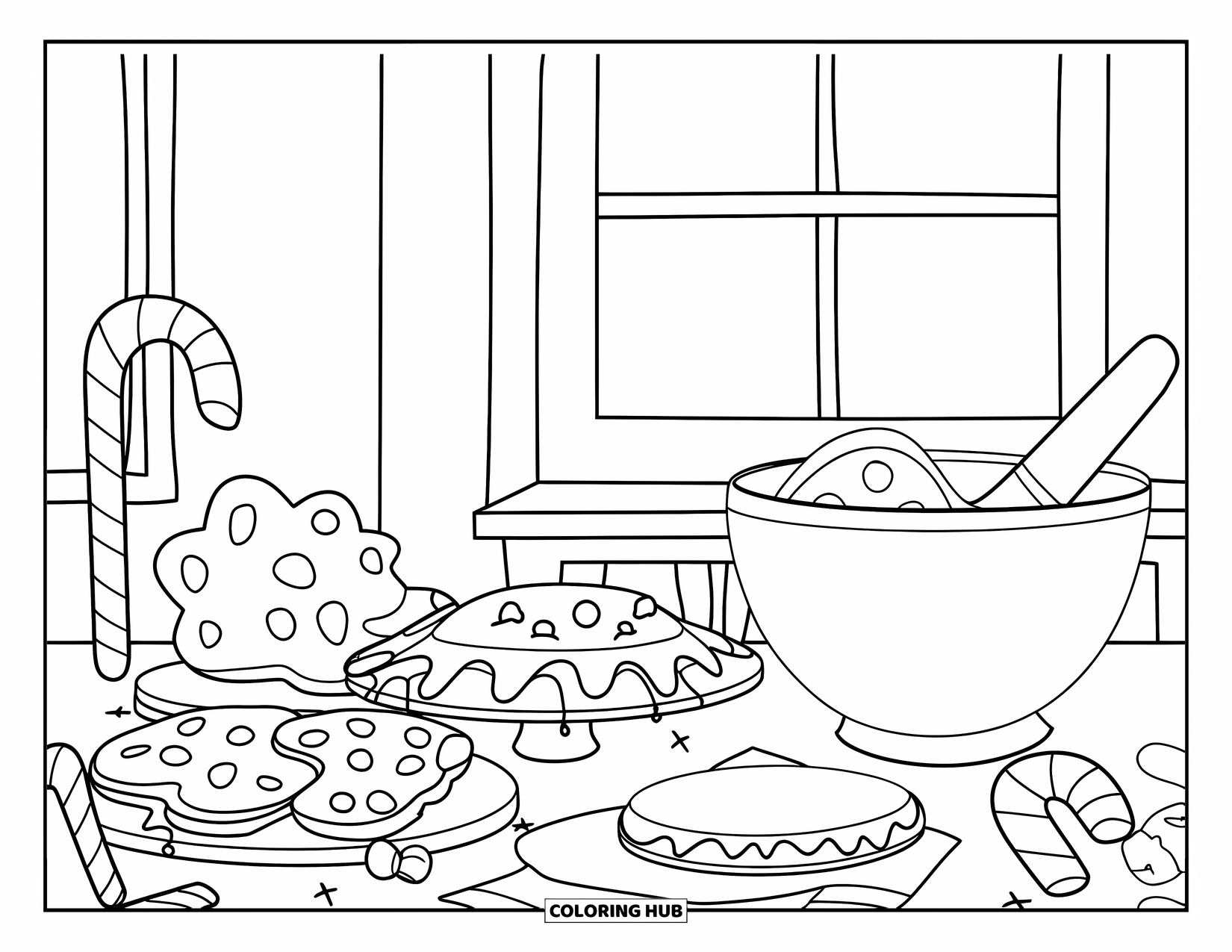 Kerst Kleurplaat voor Kinderen: Een feestelijke bakkerijscène gevuld met koekjes, zuurstokken en een grote mengkom
