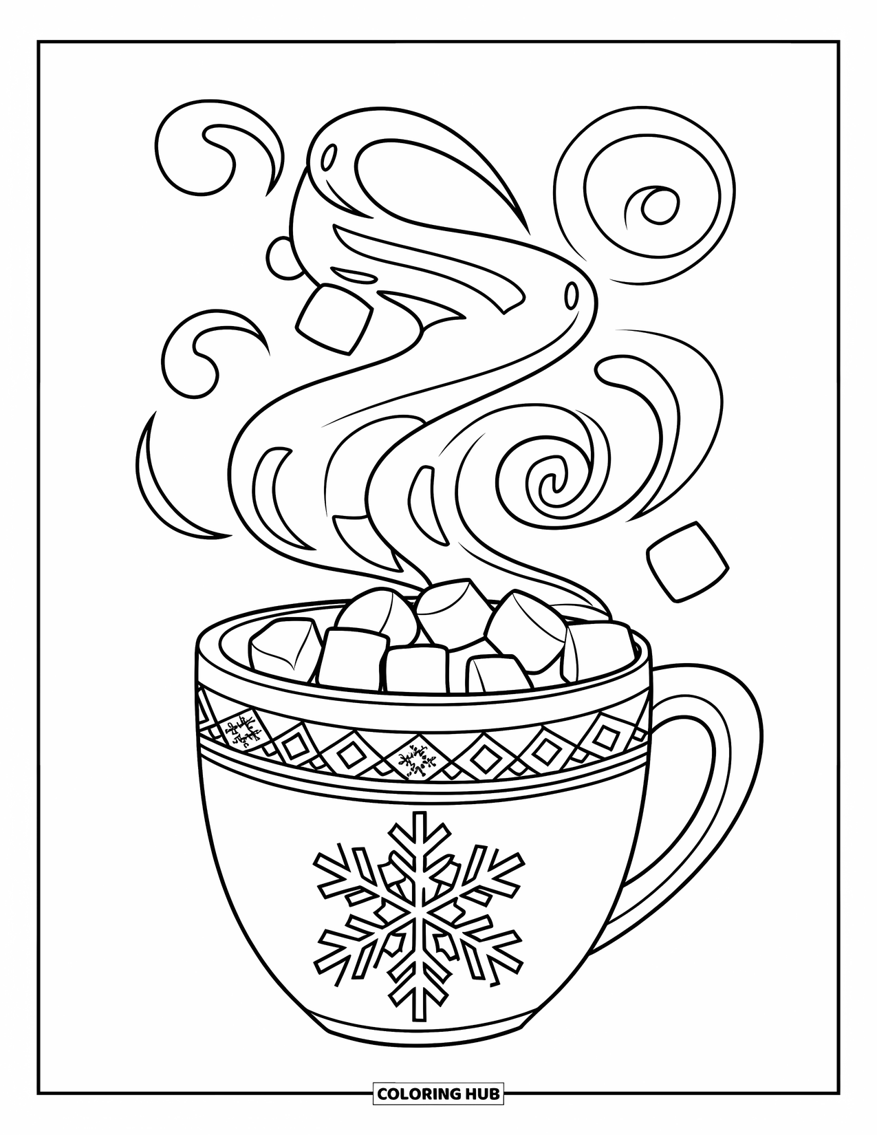 Kerst Kleurplaat voor Kinderen: Een feestelijke kop warme chocolademelk met marshmallows en een werveling van kerstthema-stoom