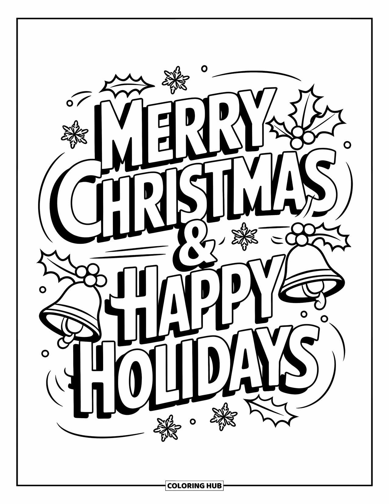 Kerst Kleurplaat voor Kinderen: Een feestelijk letterontwerp met "Merry Christmas & Happy Holidays," omringd door feestdagensymbolen