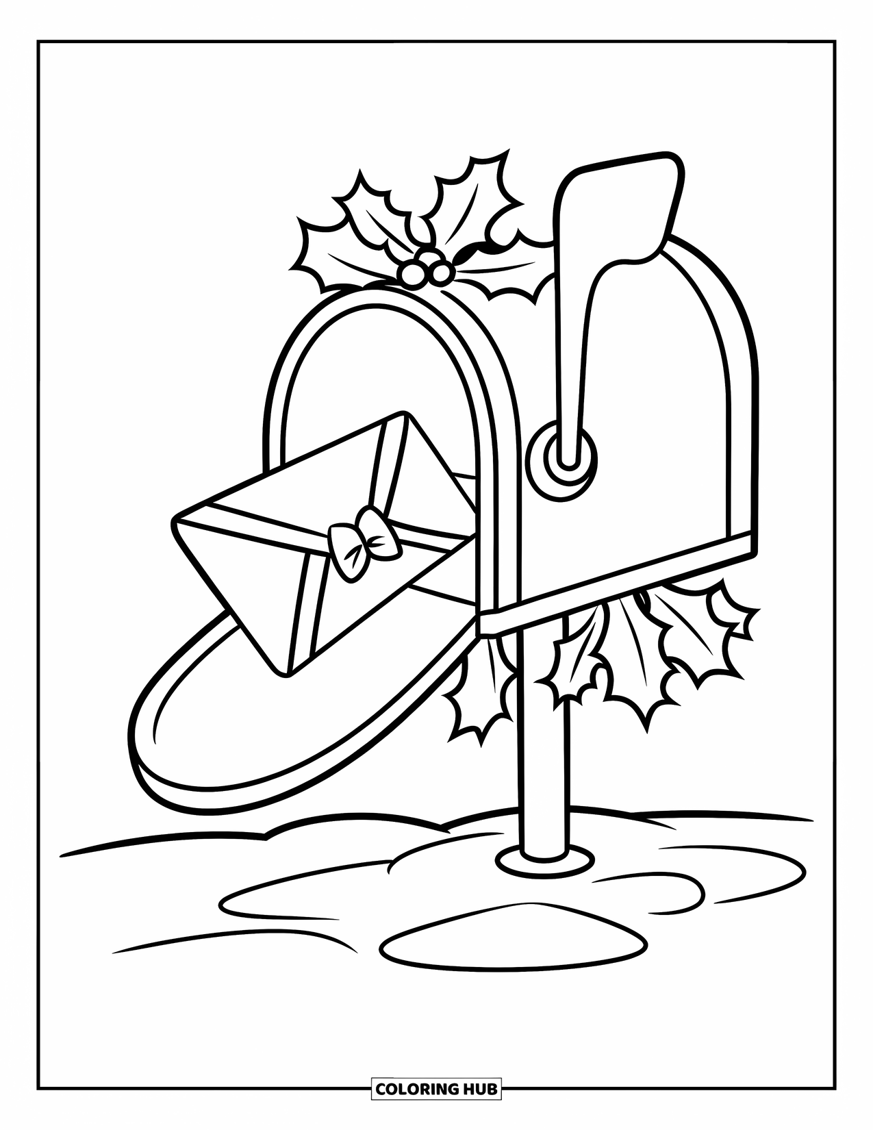 Kerst Kleurplaat voor Kinderen: Een feestelijke brievenbus met een strik staat in de sneeuw, omringd door een speelse winterscène