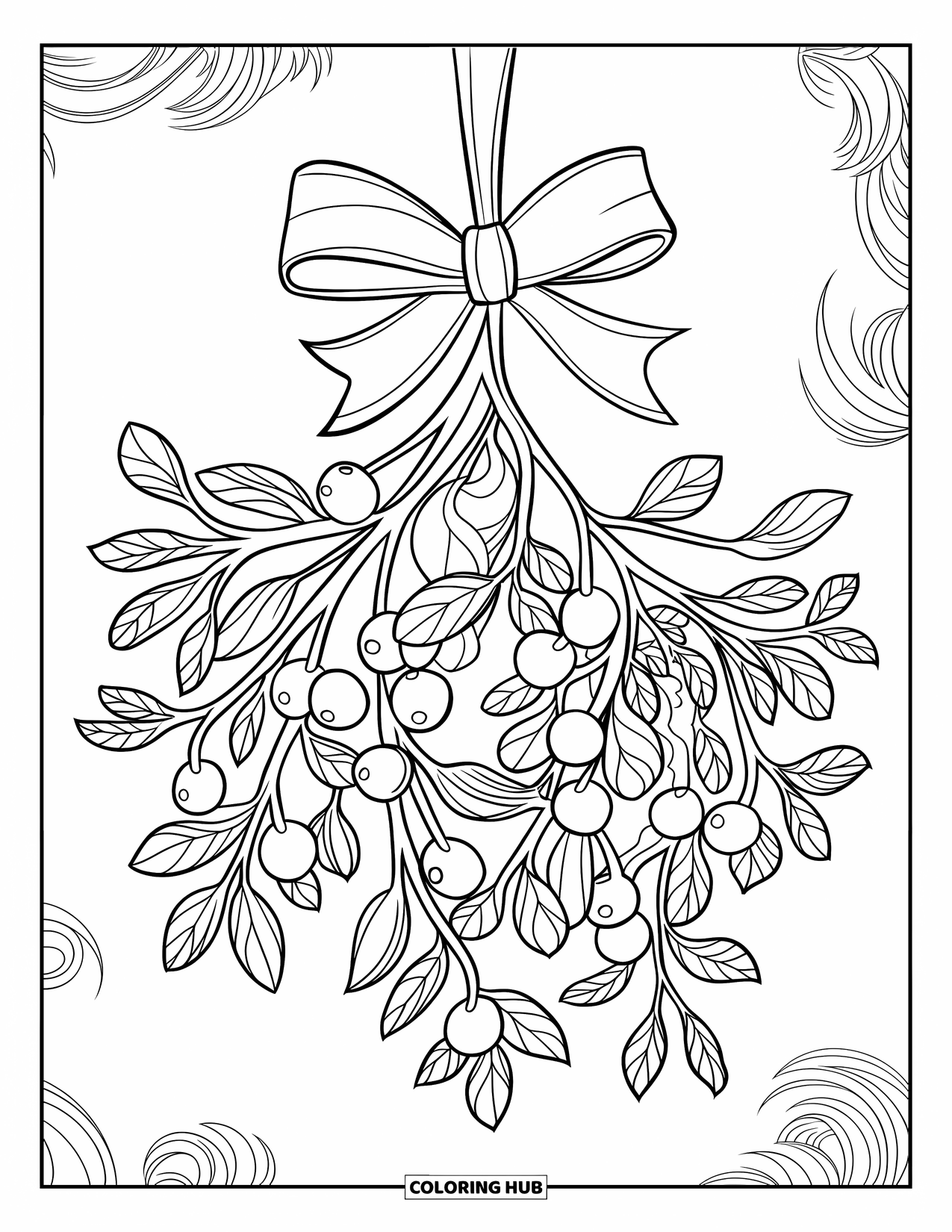 Kerst Kleurplaat voor Kinderen: Een feestelijke maretak met delicate bessen en een lint, omringd door feestdagenwervelingen